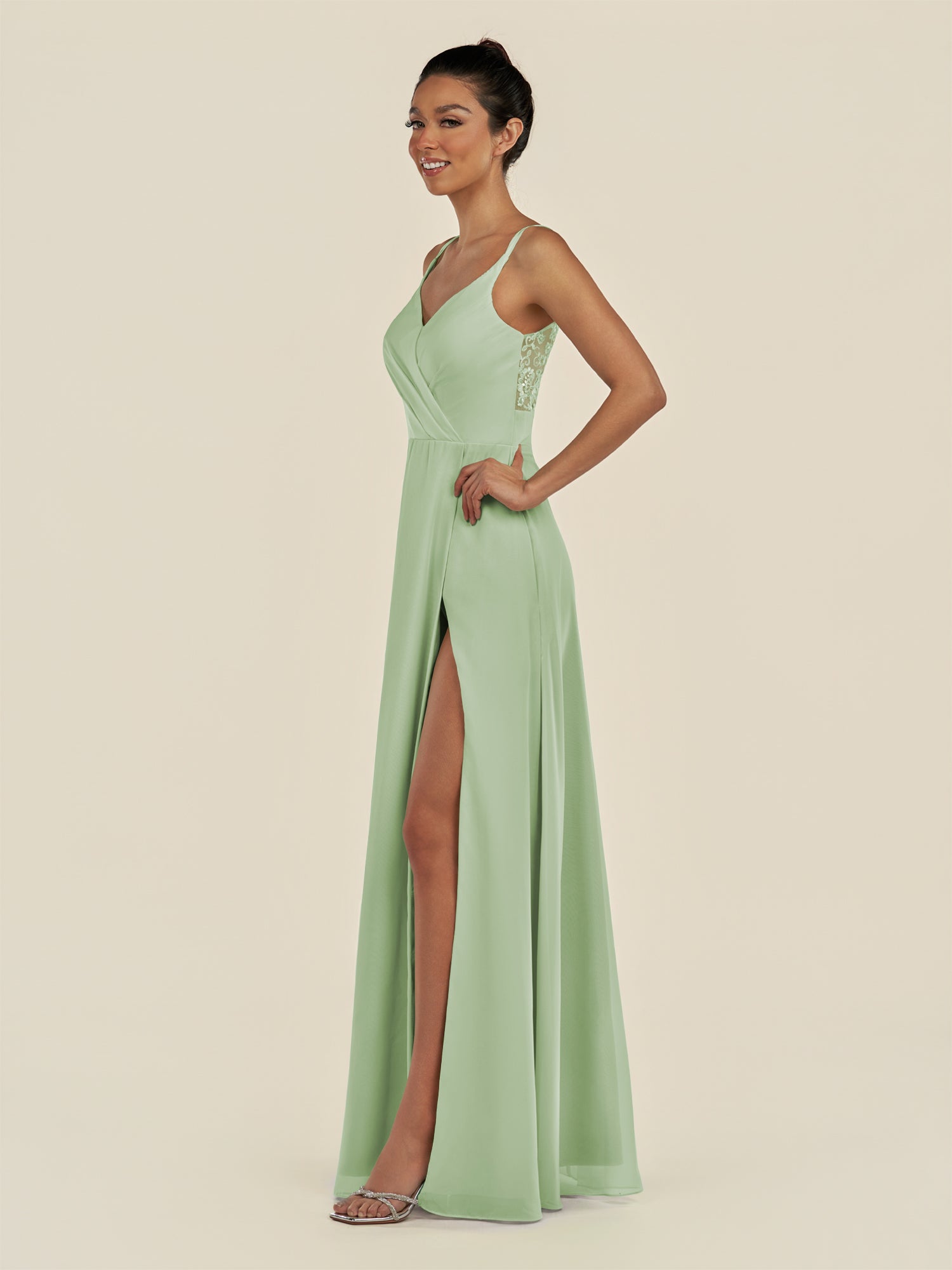 KissDress-Zyria Sage A Line Chiffon V Neck Ruched Long Bridesmaid Dress with Slit