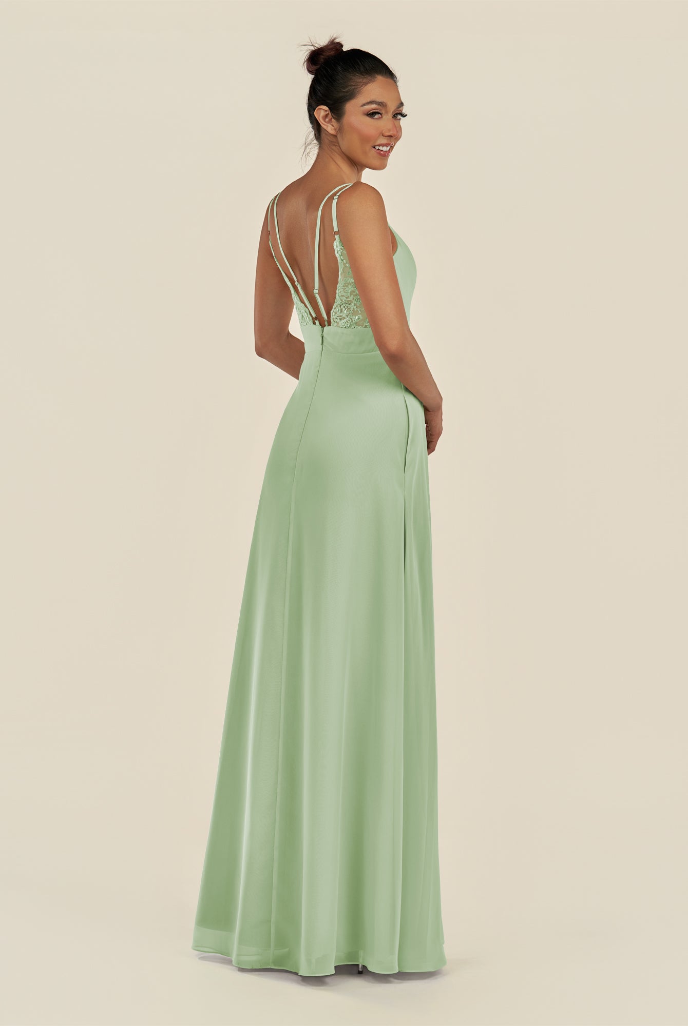 KissDress-Zyria Sage A Line Chiffon V Neck Ruched Long Bridesmaid Dress with Slit