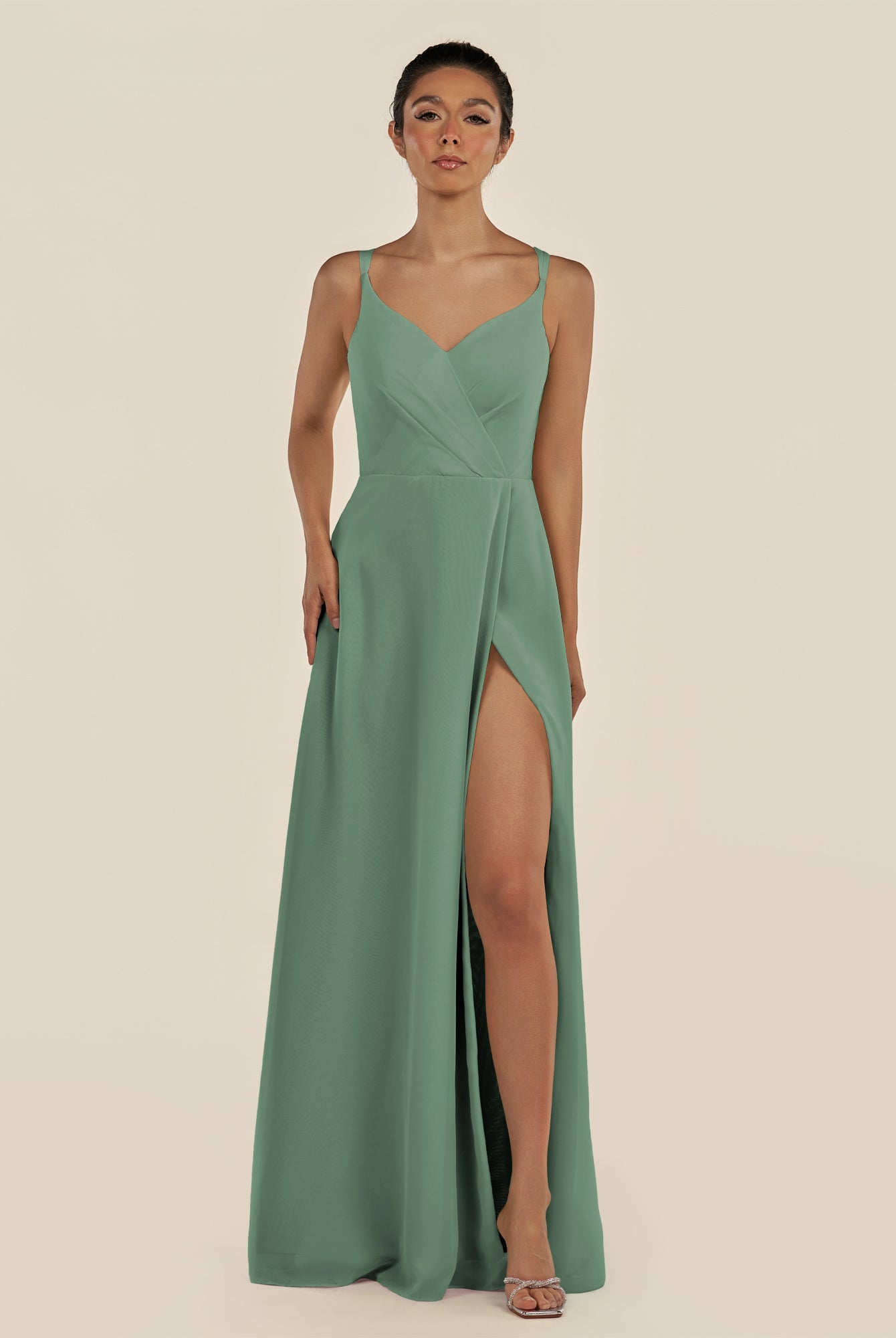 KissDress-Zyria Sea Glass A Line Chiffon V Neck Ruched Long Bridesmaid Dress with Slit