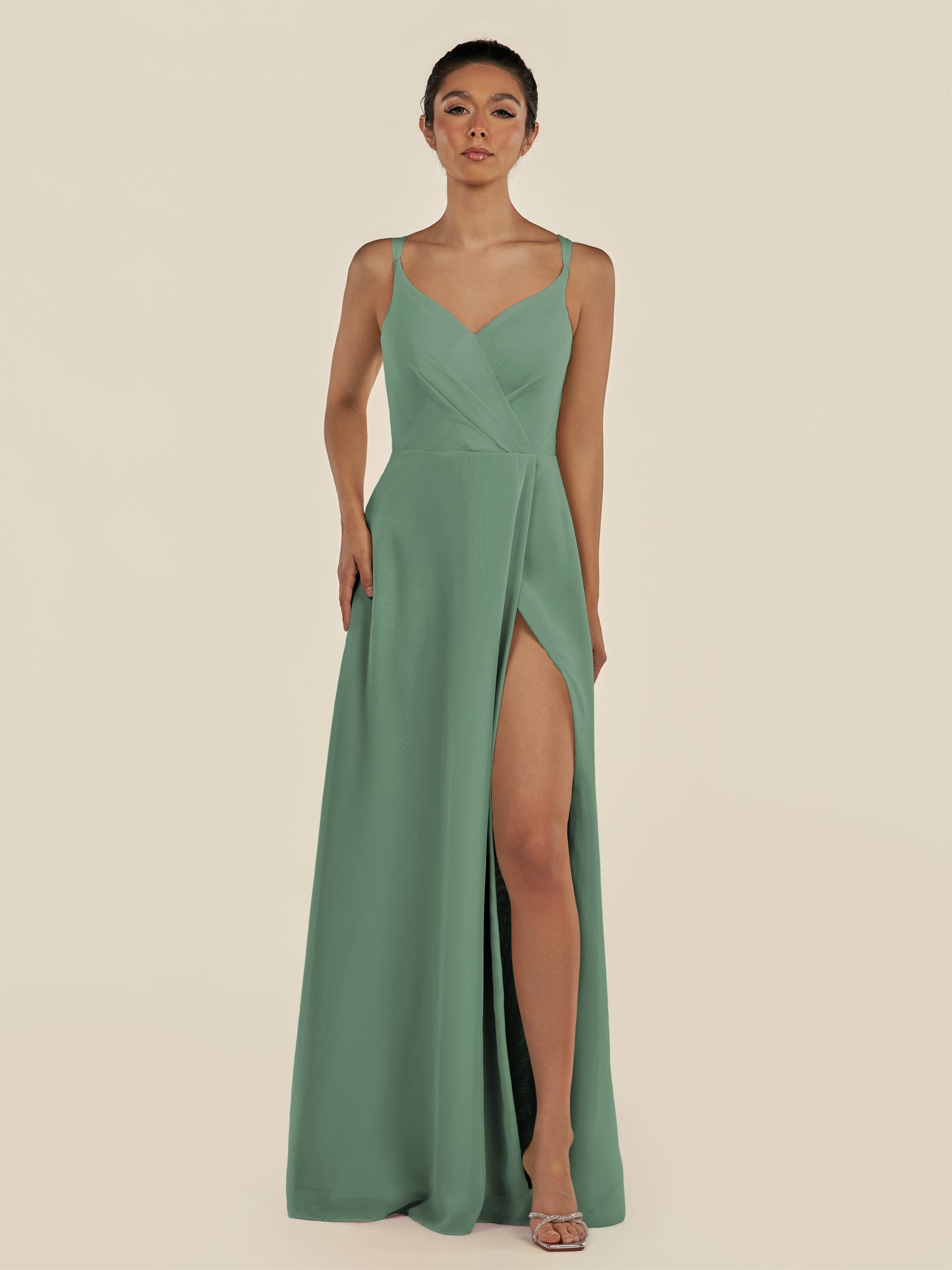 KissDress-Zyria Sea Glass A Line Chiffon V Neck Ruched Long Bridesmaid Dress with Slit
