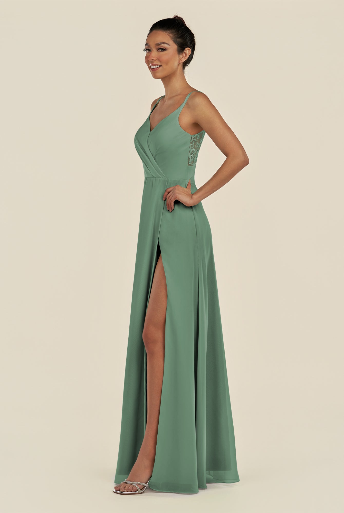 KissDress-Zyria Sea Glass A Line Chiffon V Neck Ruched Long Bridesmaid Dress with Slit