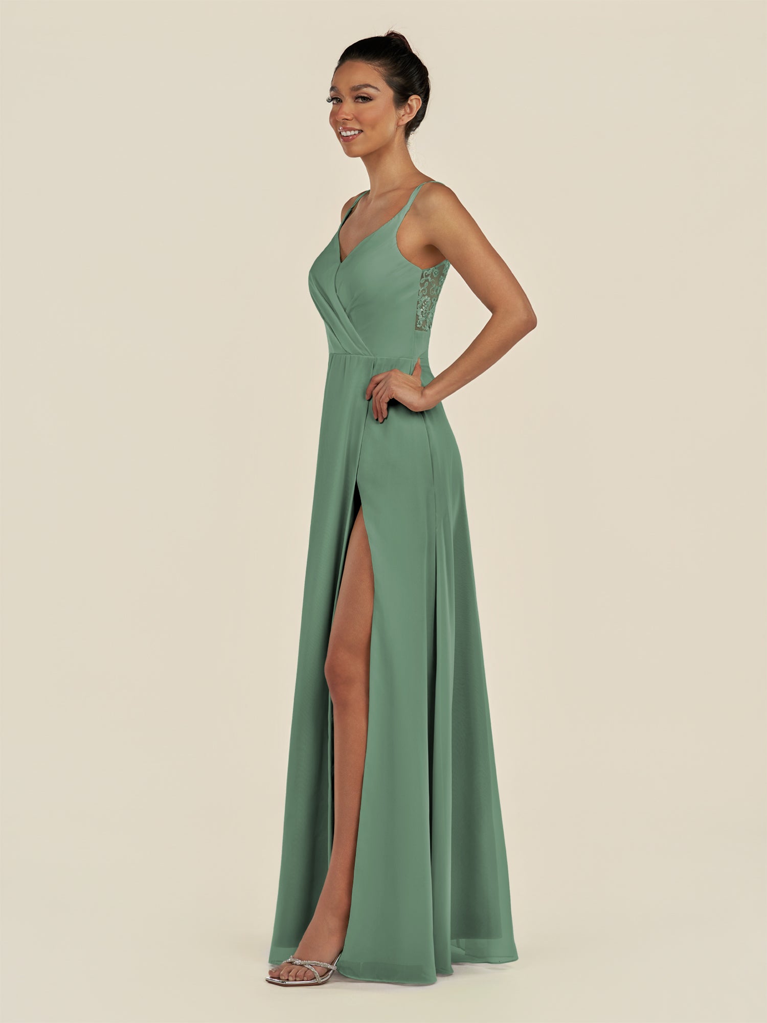 KissDress-Zyria Sea Glass A Line Chiffon V Neck Ruched Long Bridesmaid Dress with Slit