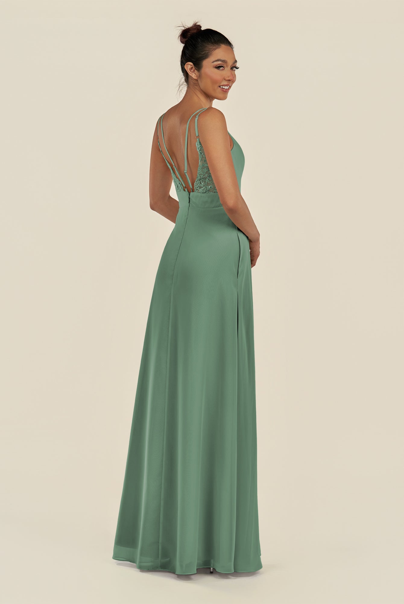 KissDress-Zyria Sea Glass A Line Chiffon V Neck Ruched Long Bridesmaid Dress with Slit