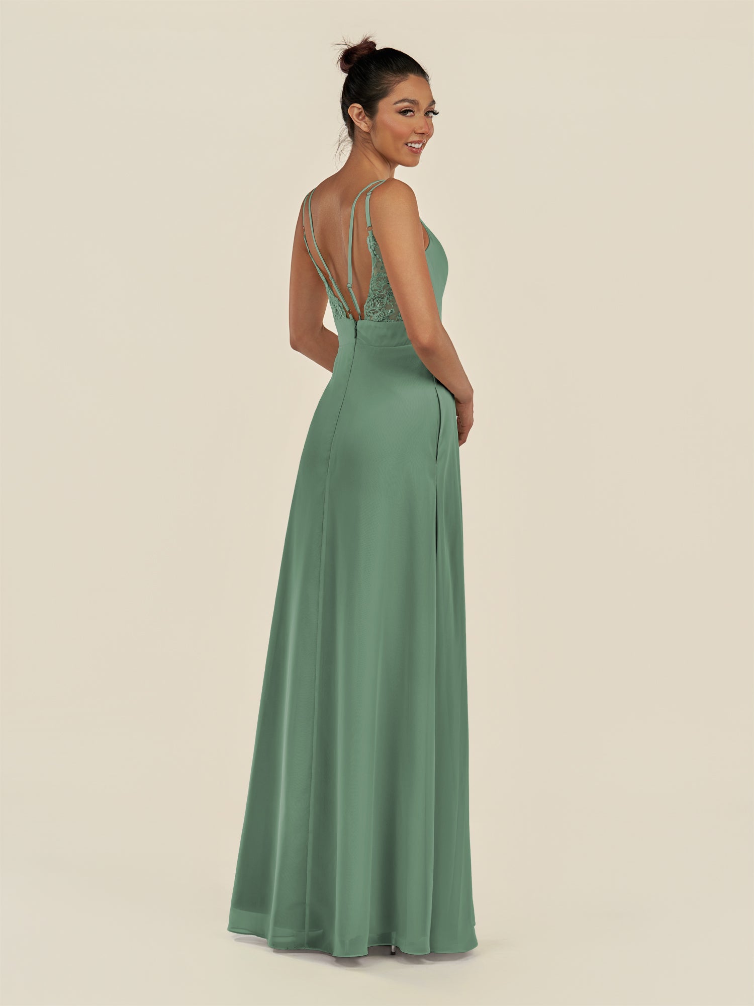 KissDress-Zyria Sea Glass A Line Chiffon V Neck Ruched Long Bridesmaid Dress with Slit