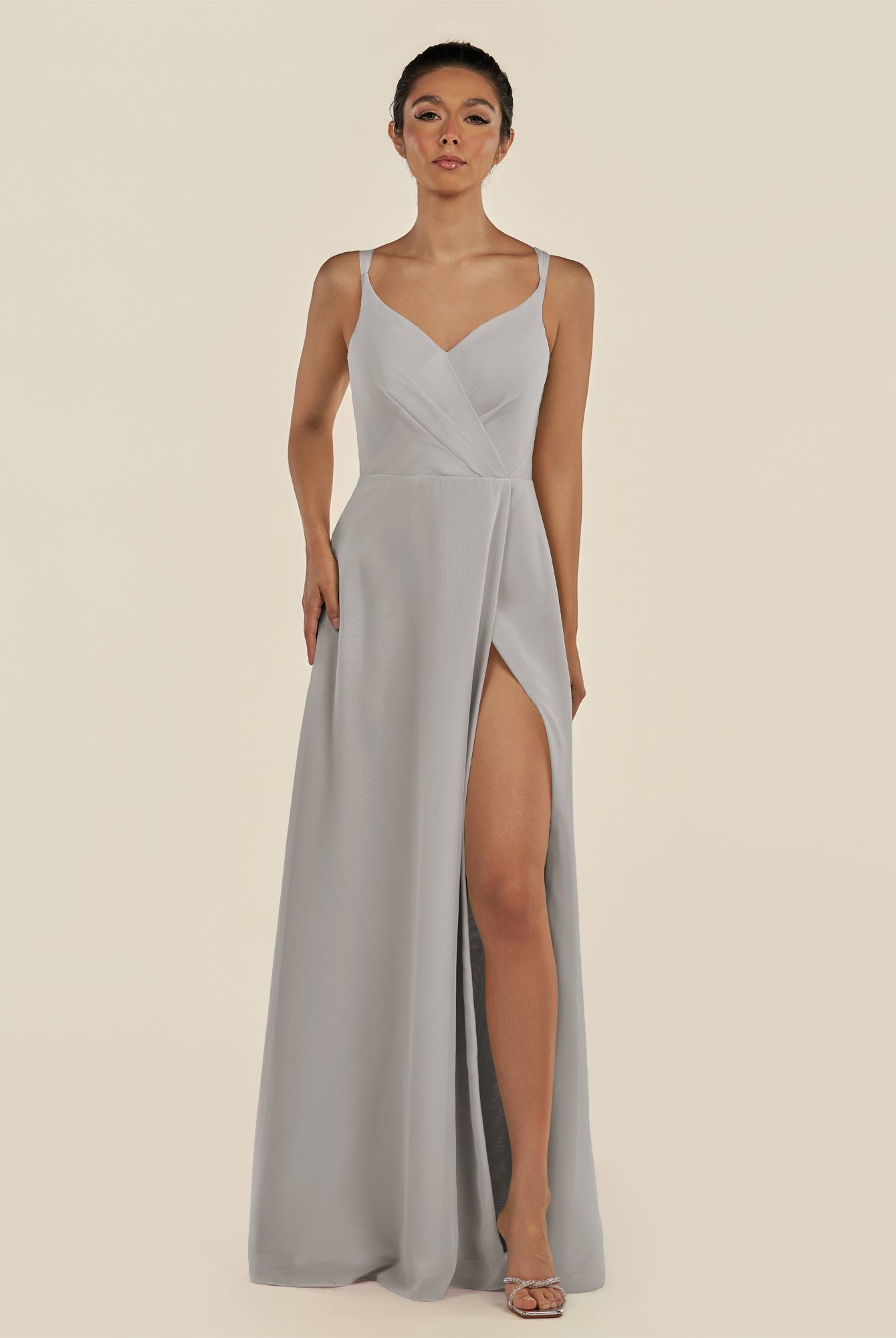 KissDress-Zyria Silver A Line Chiffon V Neck Ruched Long Bridesmaid Dress with Slit