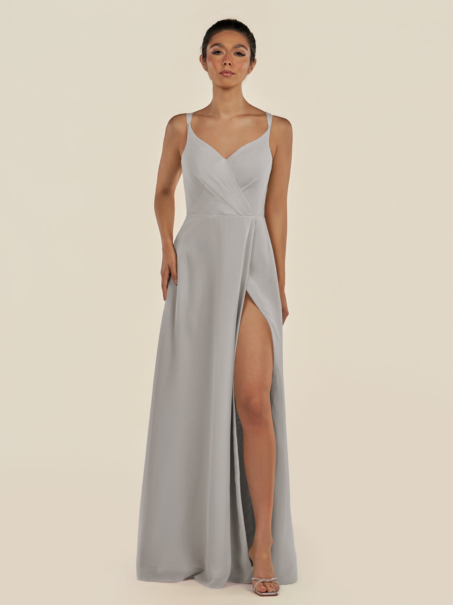 KissDress-Zyria Silver A Line Chiffon V Neck Ruched Long Bridesmaid Dress with Slit