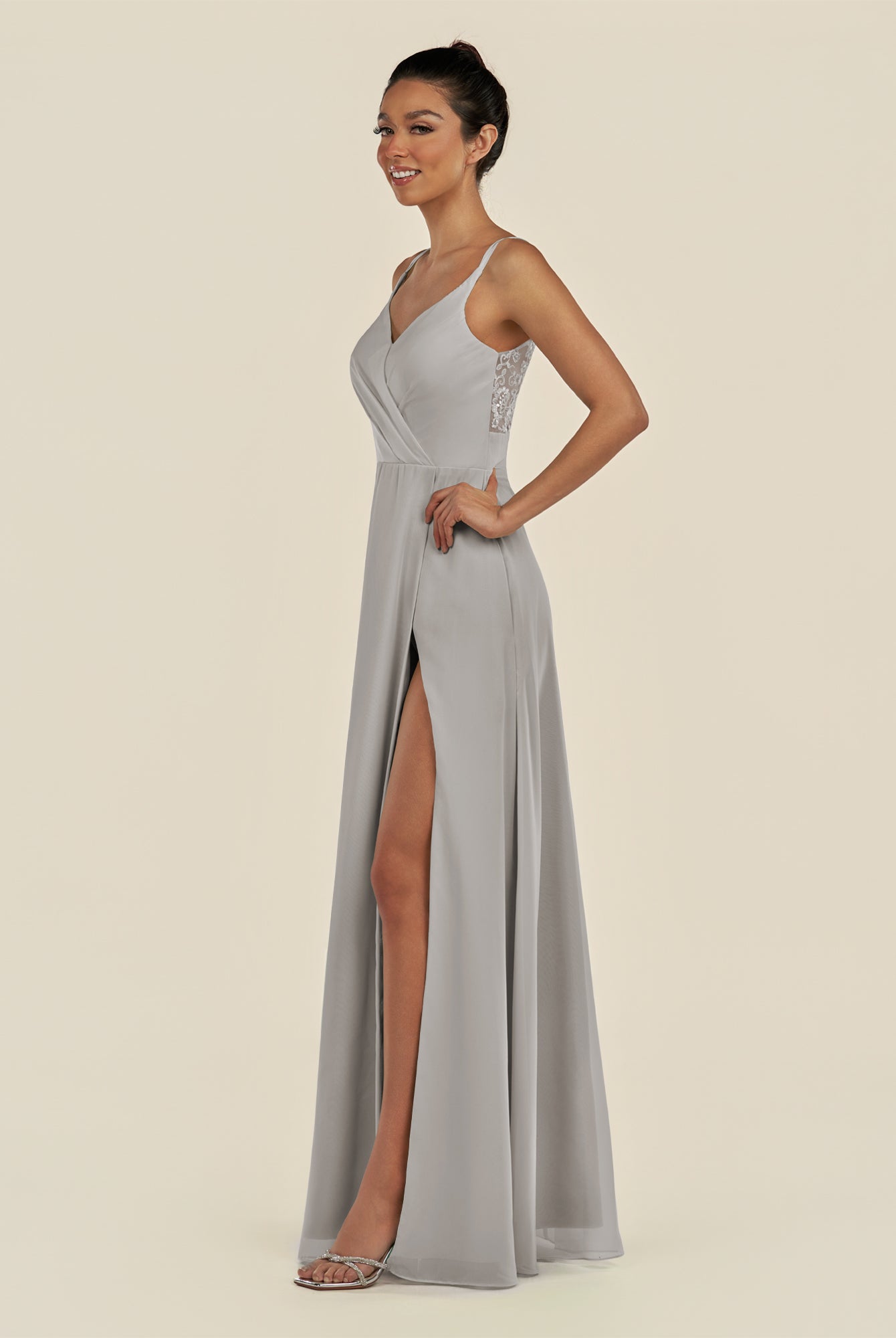KissDress-Zyria Silver A Line Chiffon V Neck Ruched Long Bridesmaid Dress with Slit