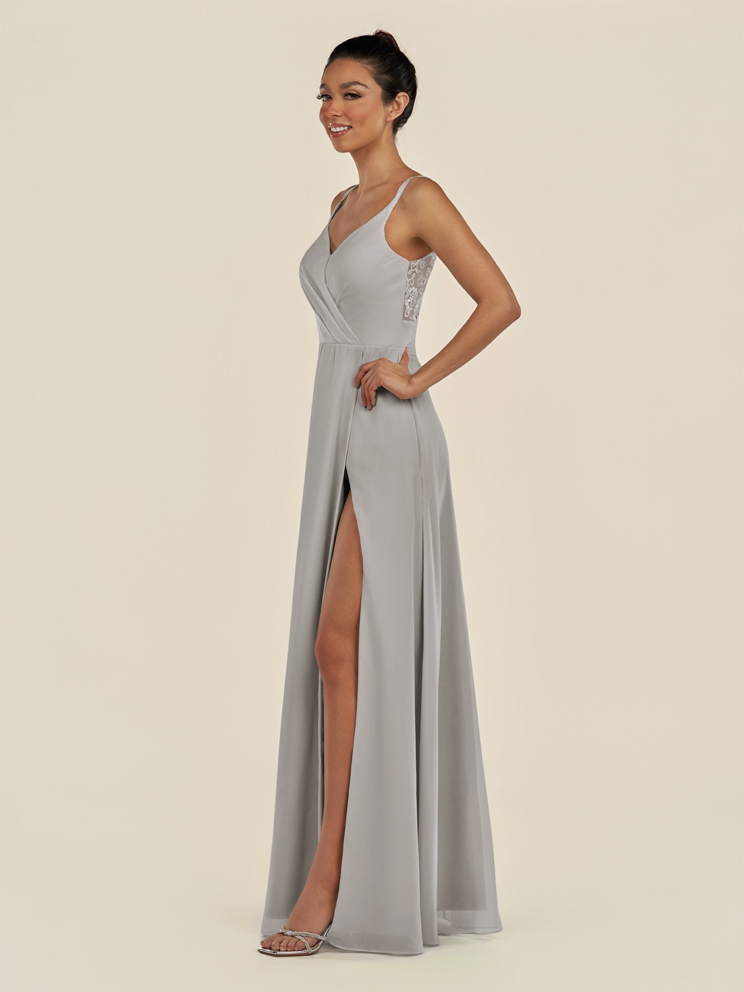 KissDress-Zyria Silver A Line Chiffon V Neck Ruched Long Bridesmaid Dress with Slit