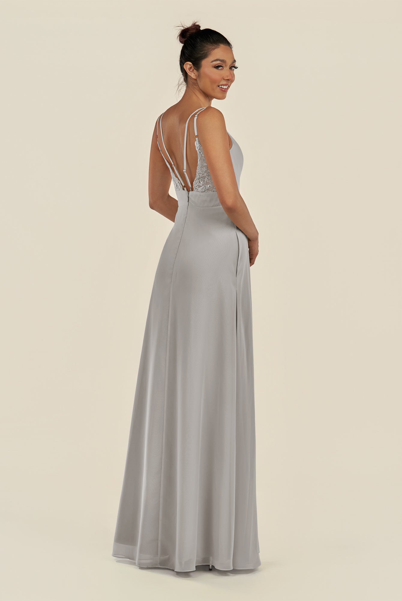 KissDress-Zyria Silver A Line Chiffon V Neck Ruched Long Bridesmaid Dress with Slit