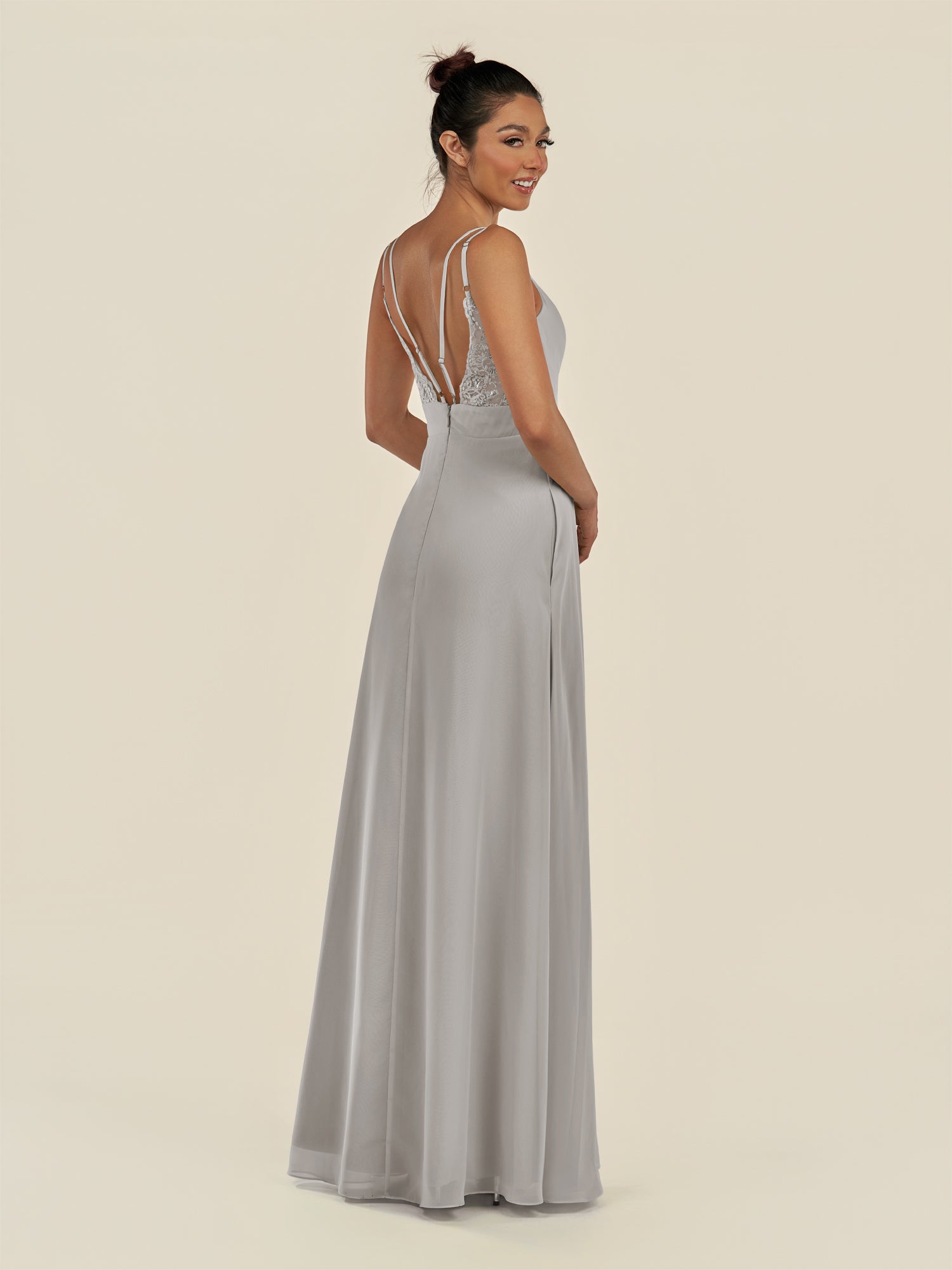 KissDress-Zyria Silver A Line Chiffon V Neck Ruched Long Bridesmaid Dress with Slit