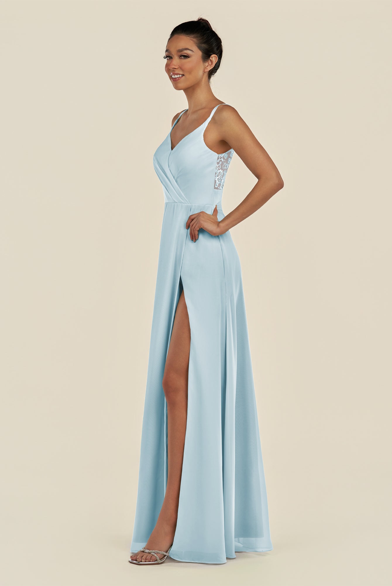 KissDress-Zyria Sky Blue A Line Chiffon V Neck Ruched Long Bridesmaid Dress with Slit