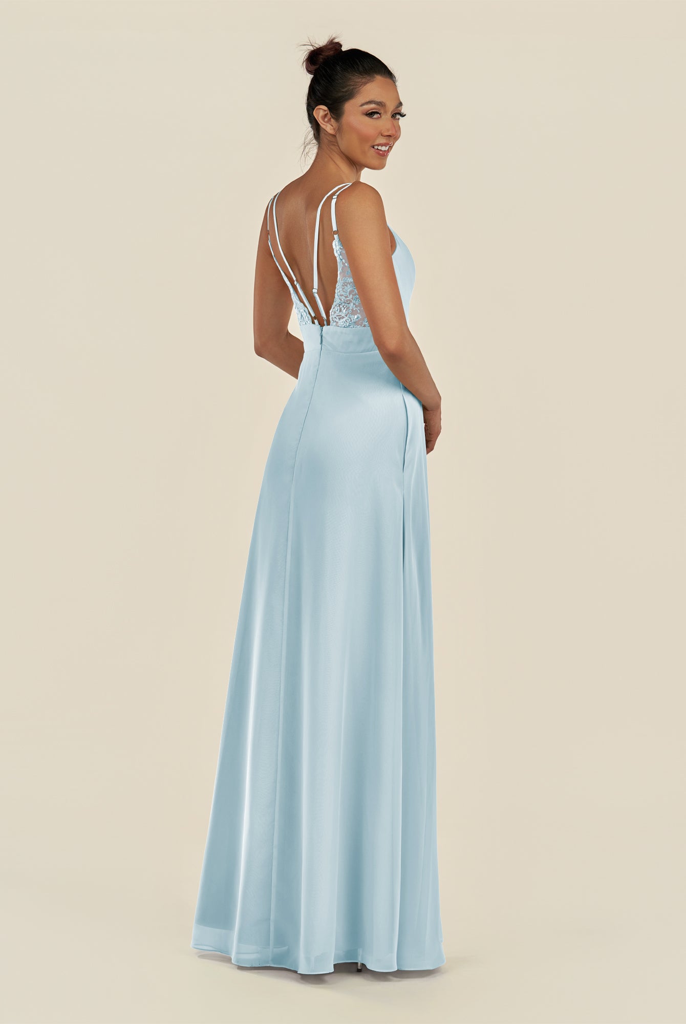 KissDress-Zyria Sky Blue A Line Chiffon V Neck Ruched Long Bridesmaid Dress with Slit