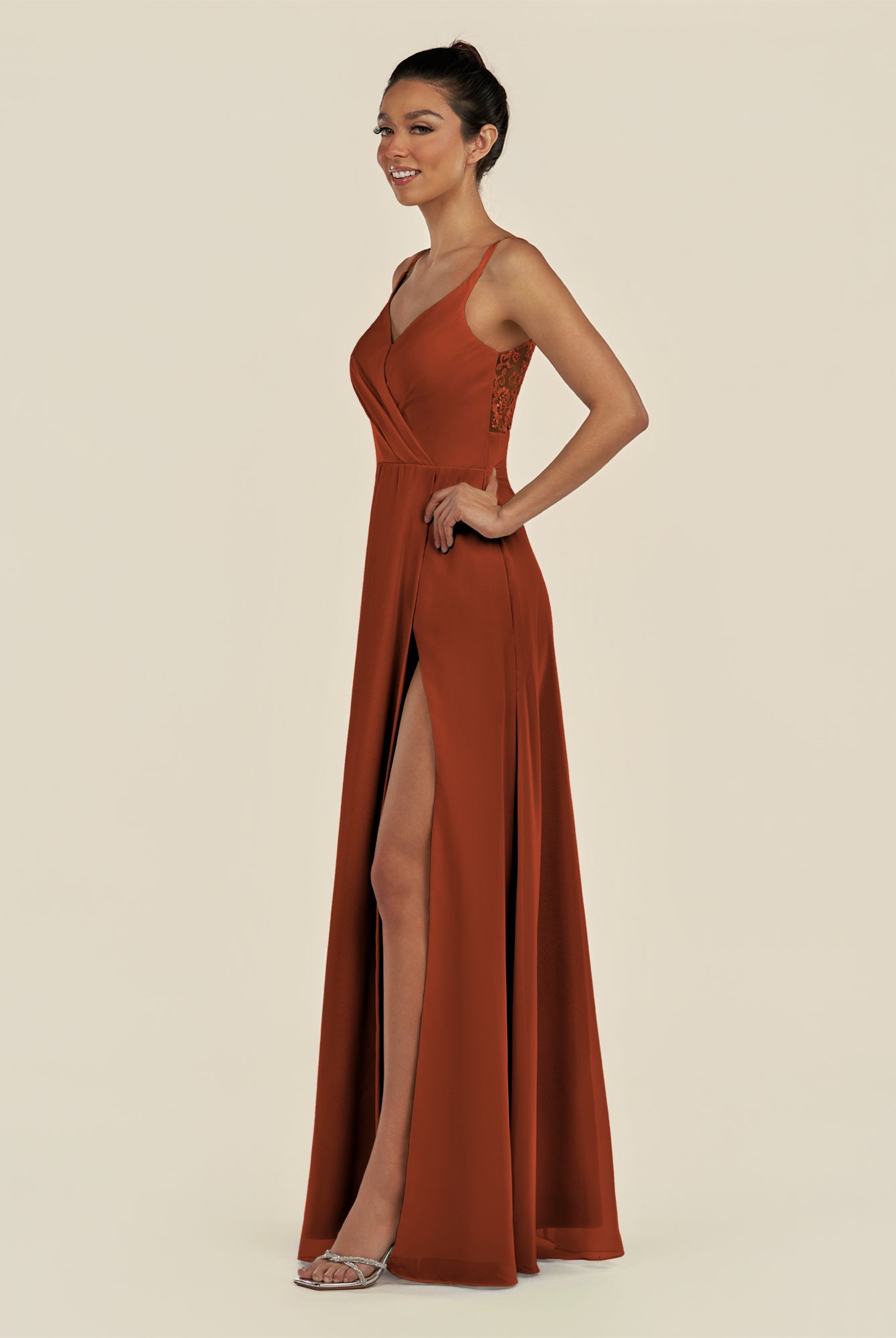 KissDress-Zyria Spice A Line Chiffon V Neck Ruched Long Bridesmaid Dress with Slit