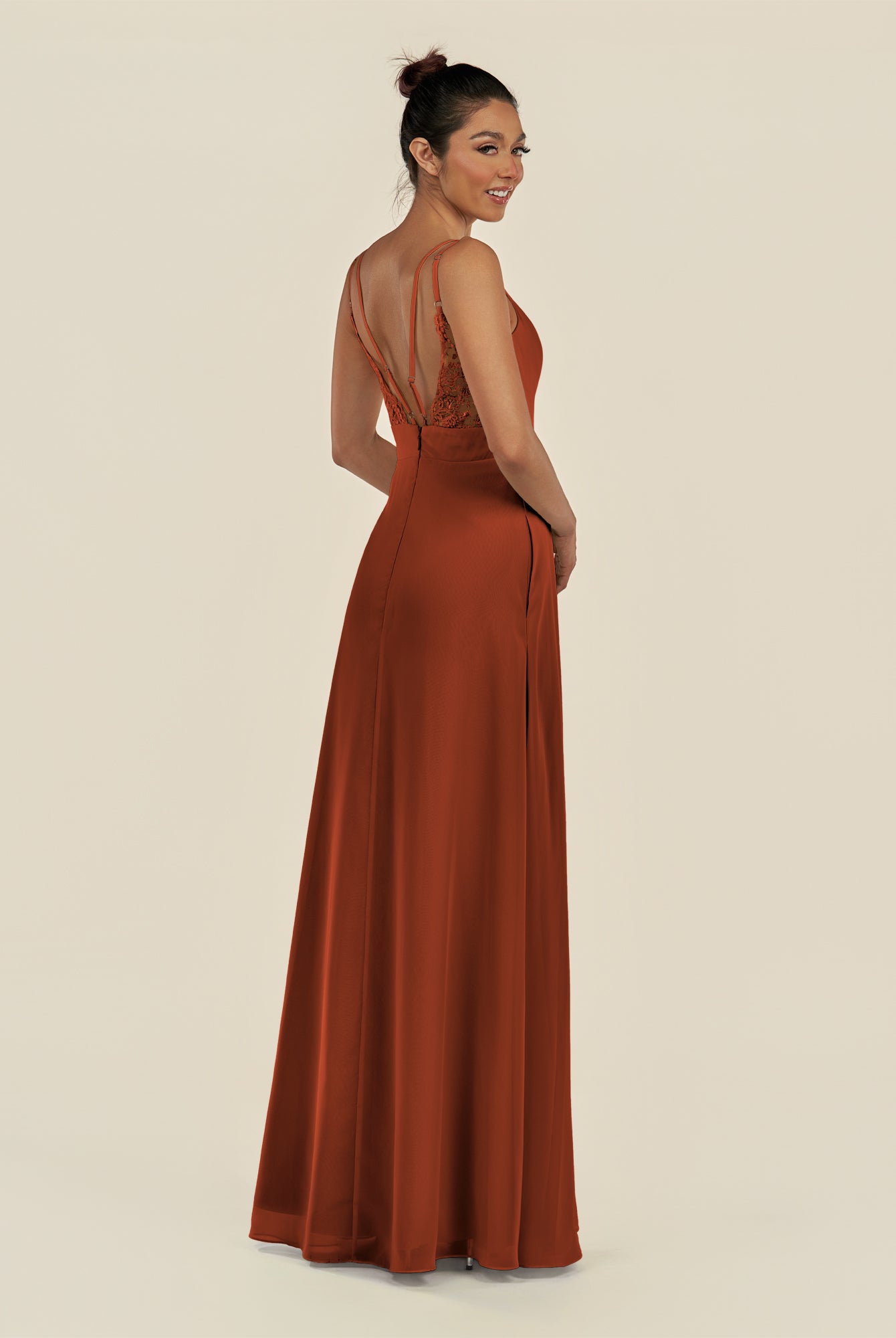KissDress-Zyria Spice A Line Chiffon V Neck Ruched Long Bridesmaid Dress with Slit
