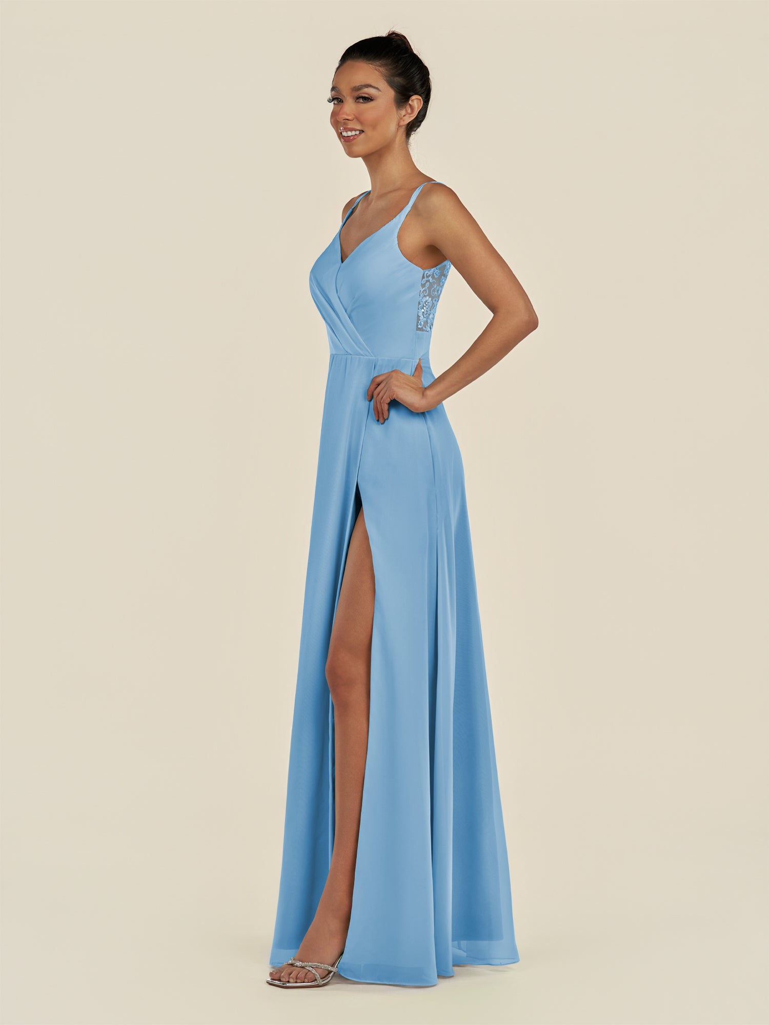 KissDress-Zyria Steel Blue A Line Chiffon V Neck Ruched Long Bridesmaid Dress with Slit