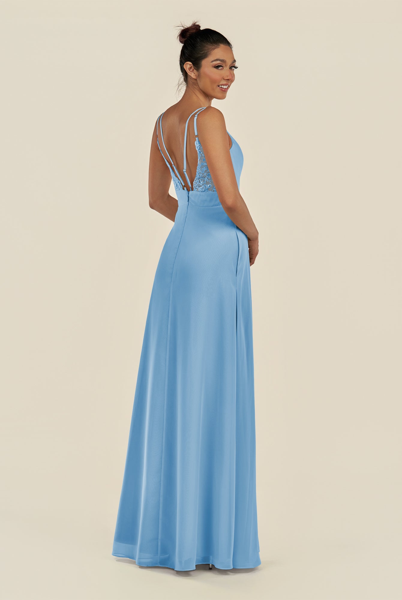 KissDress-Zyria Steel Blue A Line Chiffon V Neck Ruched Long Bridesmaid Dress with Slit
