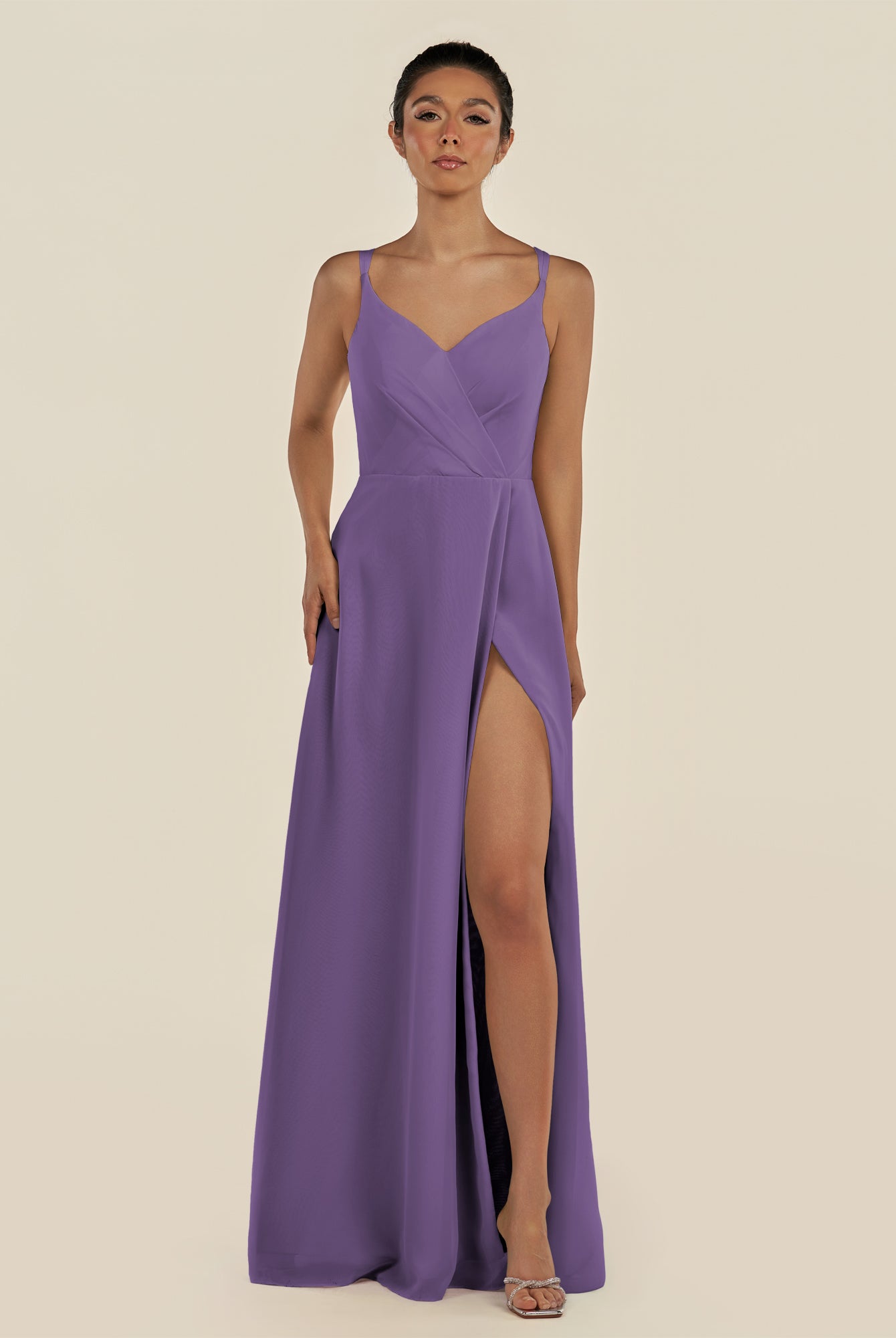 KissDress-Zyria Tahiti A Line Chiffon V Neck Ruched Long Bridesmaid Dress with Slit
