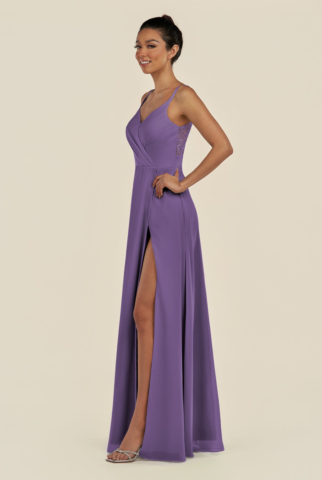 KissDress-Zyria Tahiti A Line Chiffon V Neck Ruched Long Bridesmaid Dress with Slit