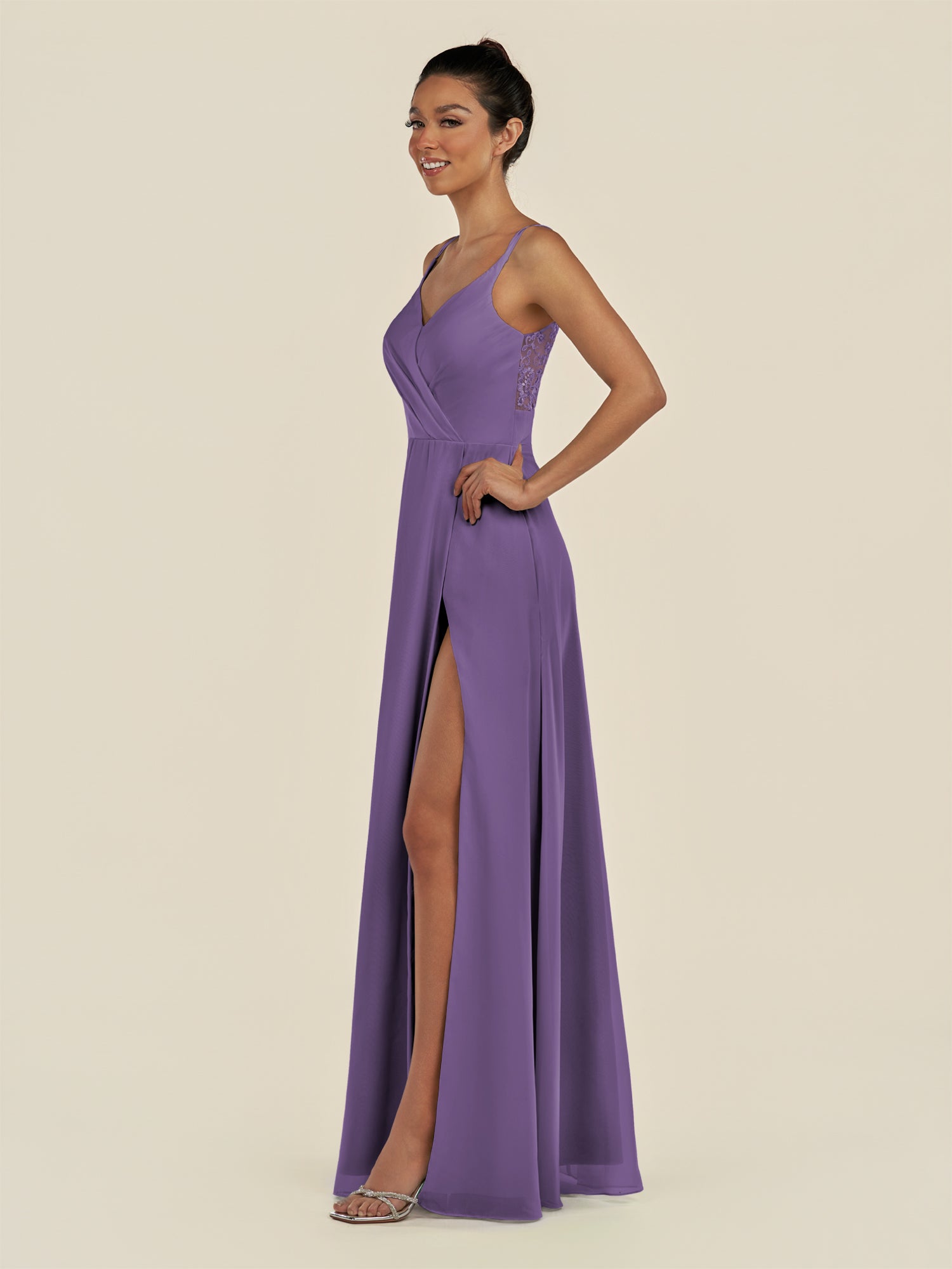 KissDress-Zyria Tahiti A Line Chiffon V Neck Ruched Long Bridesmaid Dress with Slit