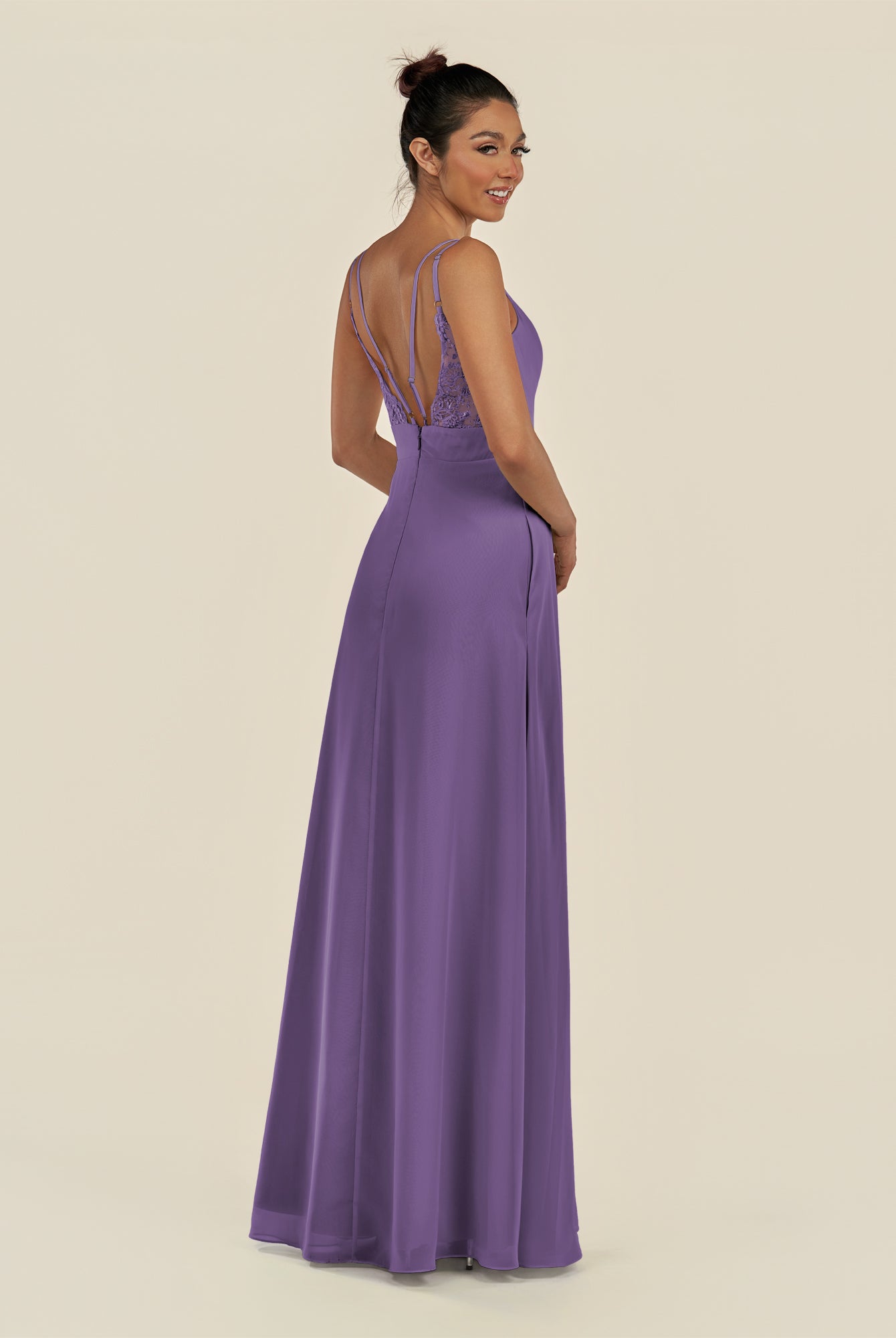 KissDress-Zyria Tahiti A Line Chiffon V Neck Ruched Long Bridesmaid Dress with Slit