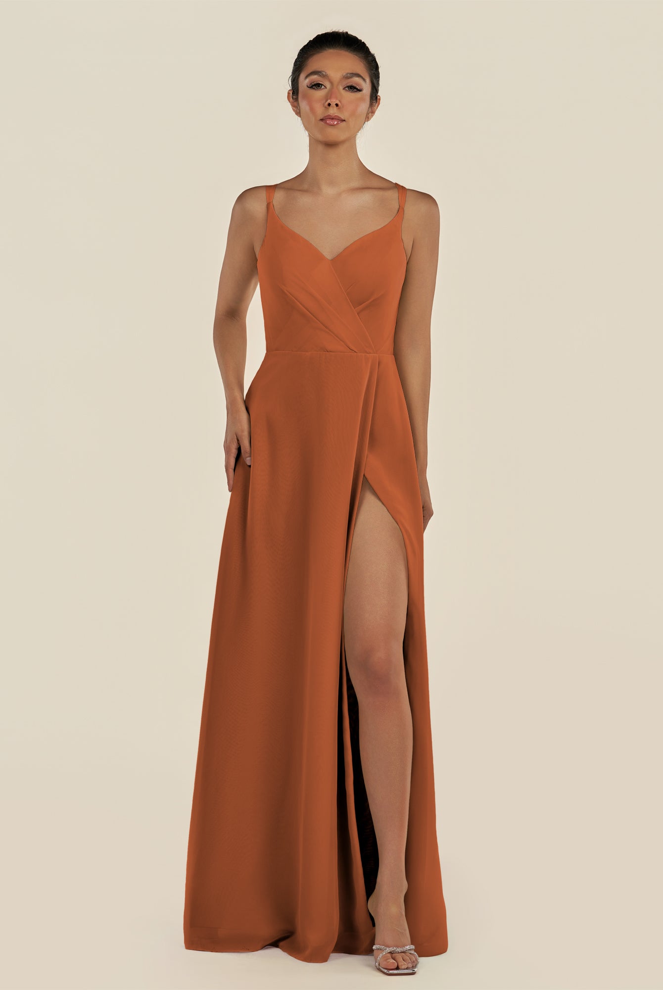 KissDress-Zyria Terracotta A Line Chiffon V Neck Ruched Long Bridesmaid Dress with Slit