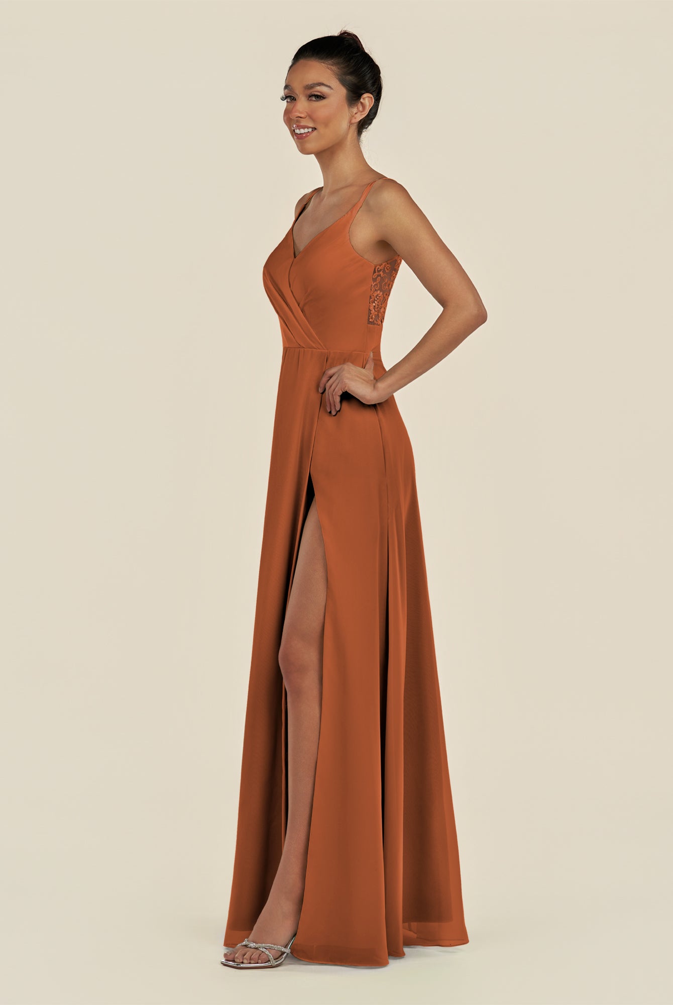 KissDress-Zyria Terracotta A Line Chiffon V Neck Ruched Long Bridesmaid Dress with Slit