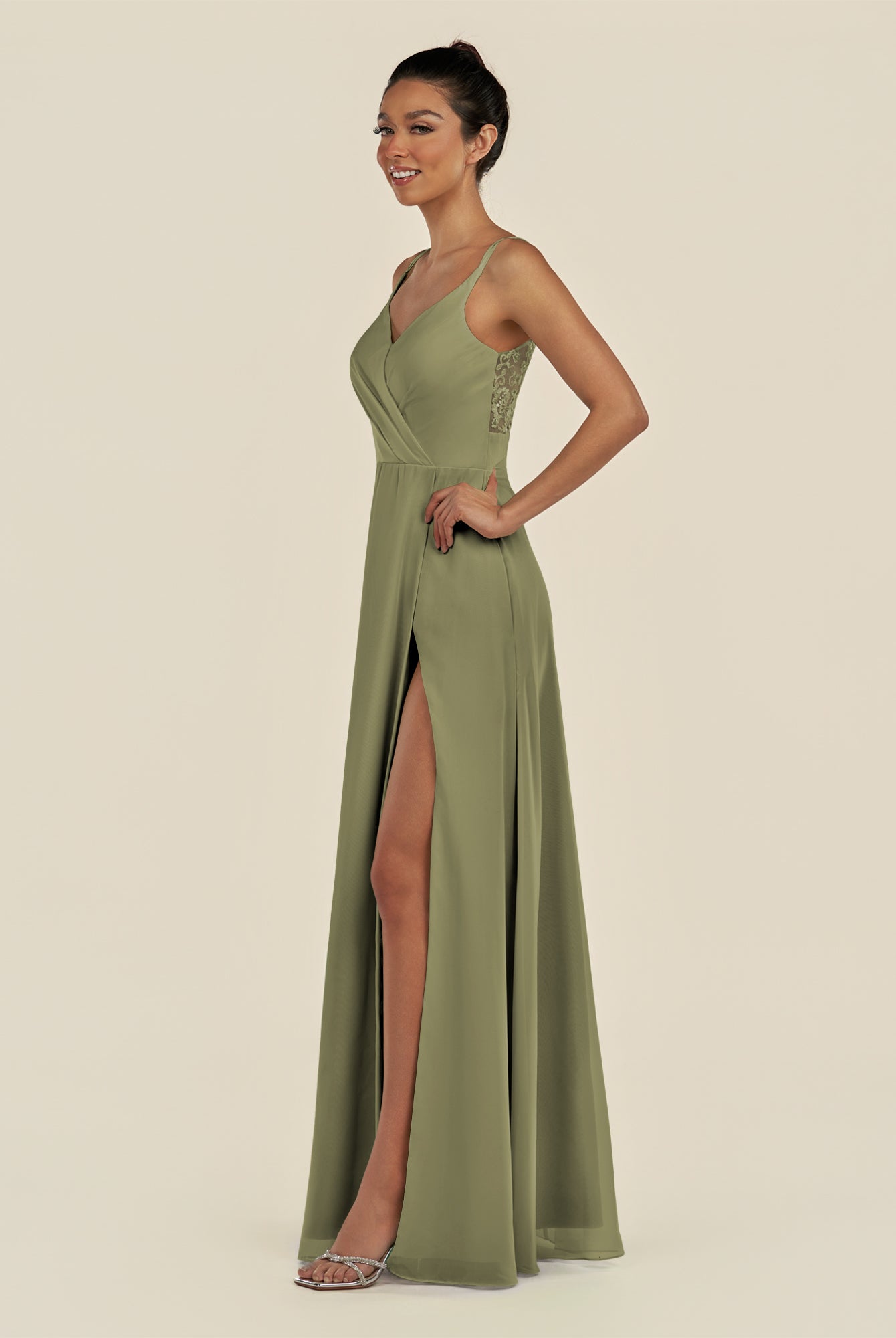 KissDress-Zyria Thyme A Line Chiffon V Neck Ruched Long Bridesmaid Dress with Slit