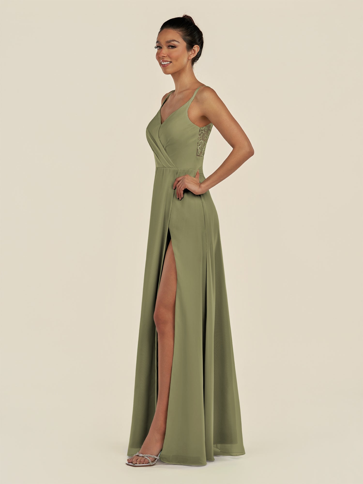 KissDress-Zyria Thyme A Line Chiffon V Neck Ruched Long Bridesmaid Dress with Slit