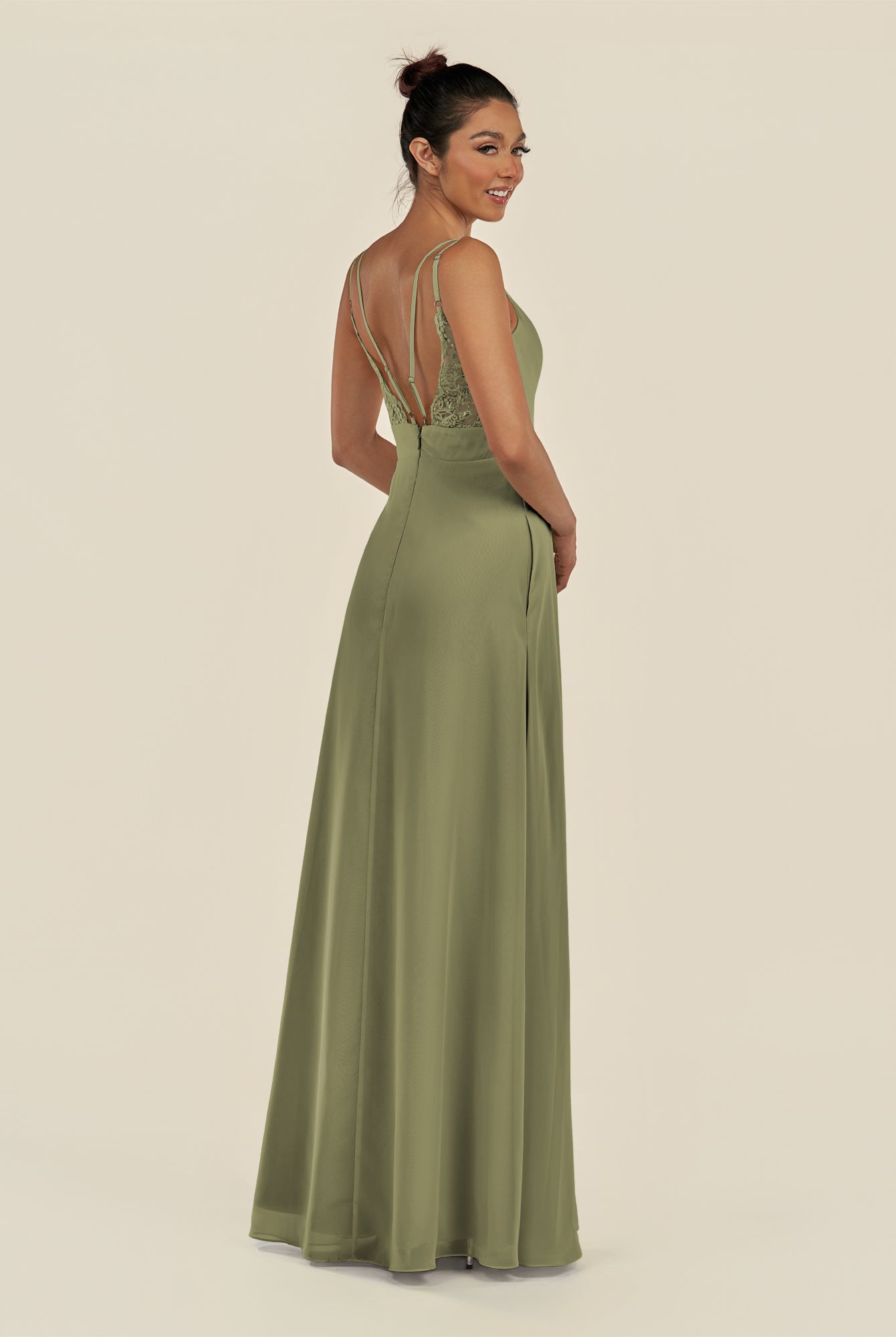 KissDress-Zyria Thyme A Line Chiffon V Neck Ruched Long Bridesmaid Dress with Slit