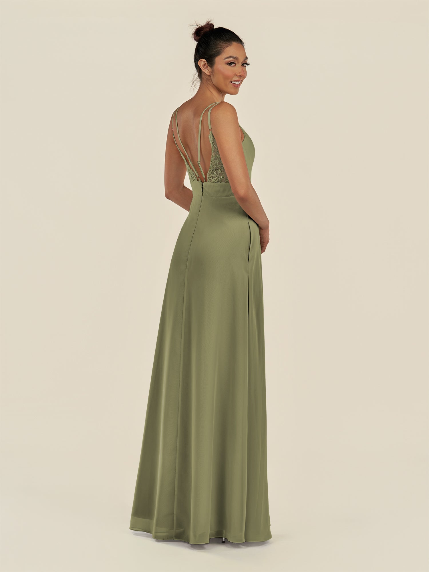 KissDress-Zyria Thyme A Line Chiffon V Neck Ruched Long Bridesmaid Dress with Slit