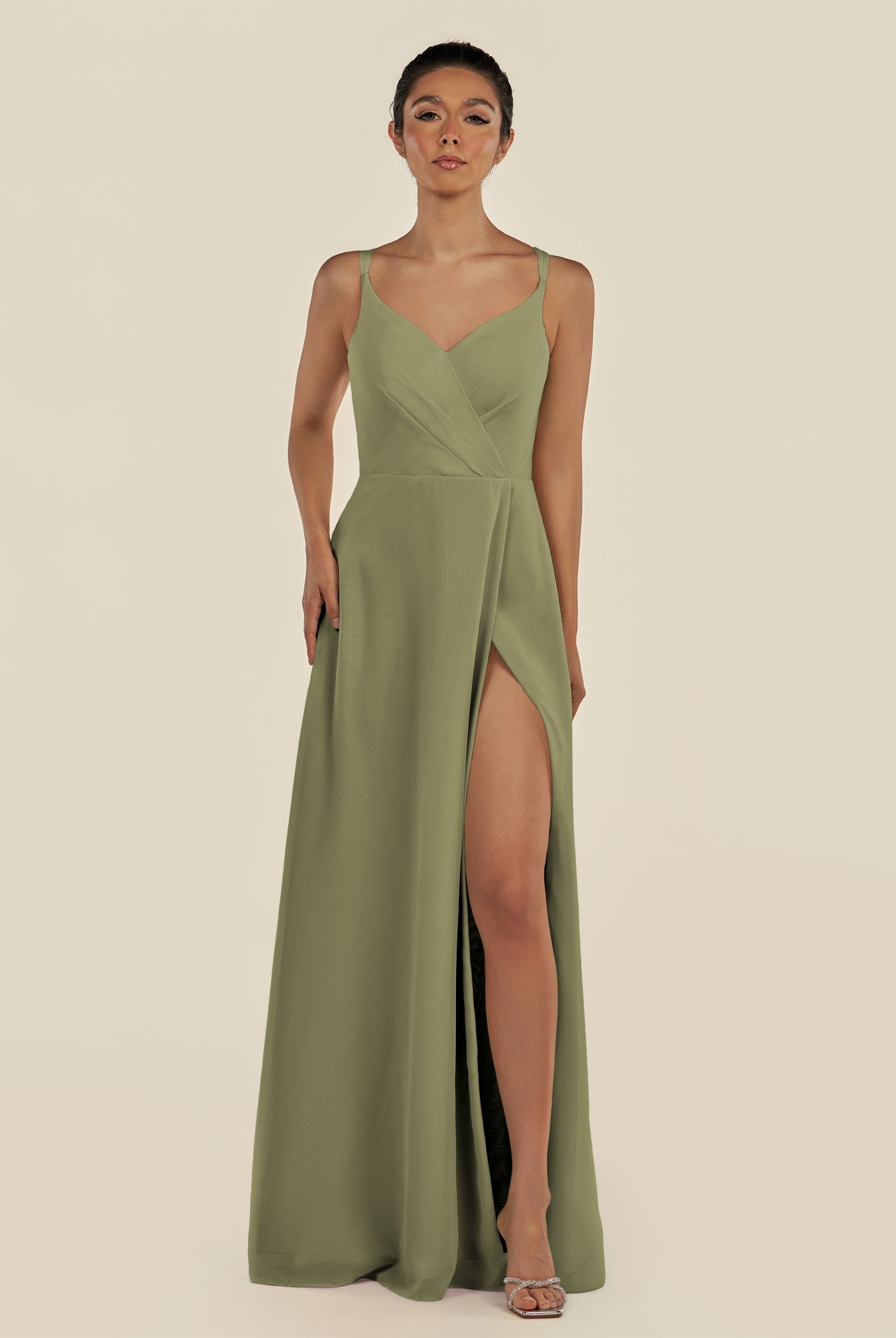 KissDress-Zyria Thyme A Line Chiffon V Neck Ruched Long Bridesmaid Dress with Slit