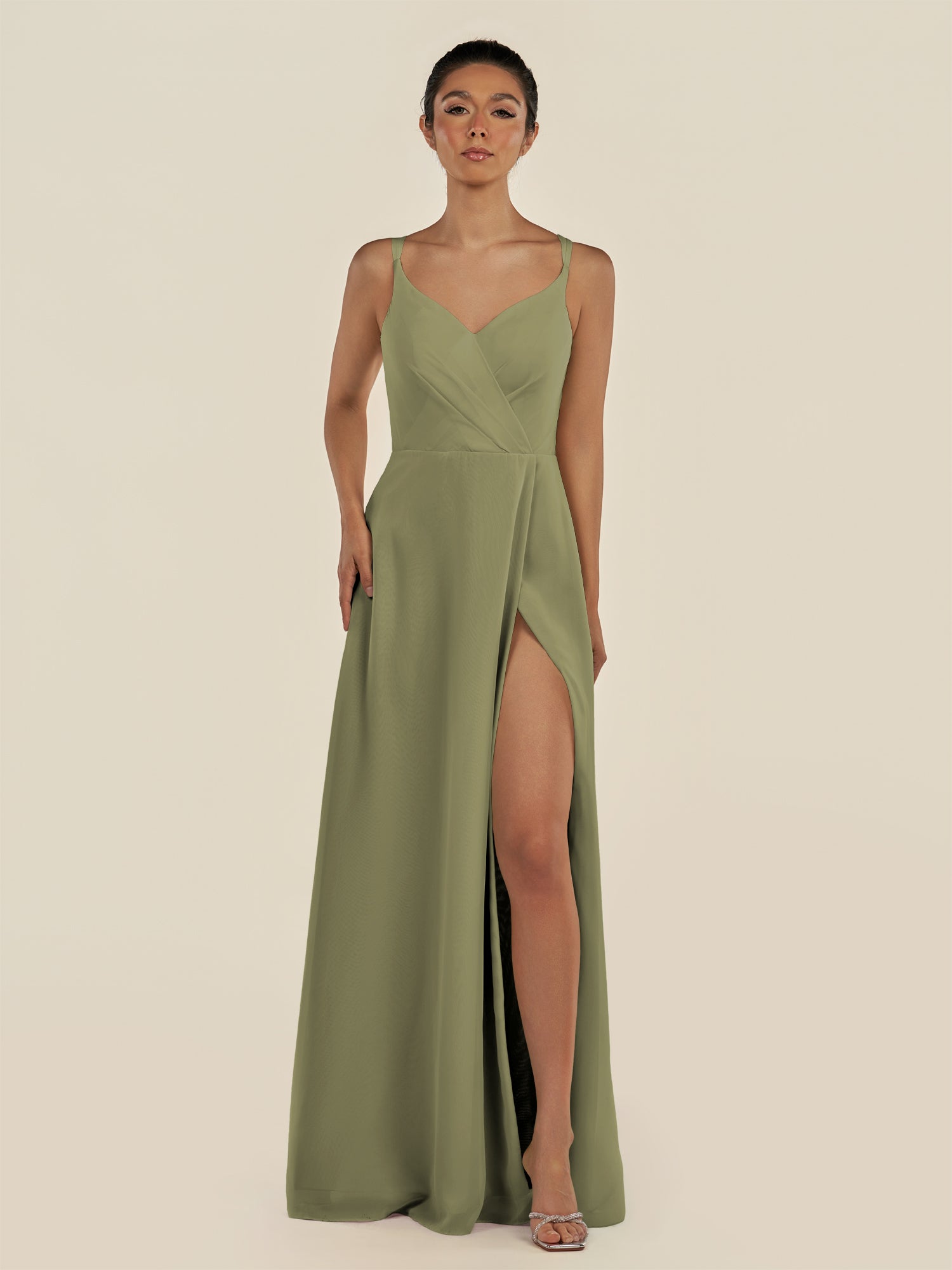 KissDress-Zyria Thyme A Line Chiffon V Neck Ruched Long Bridesmaid Dress with Slit