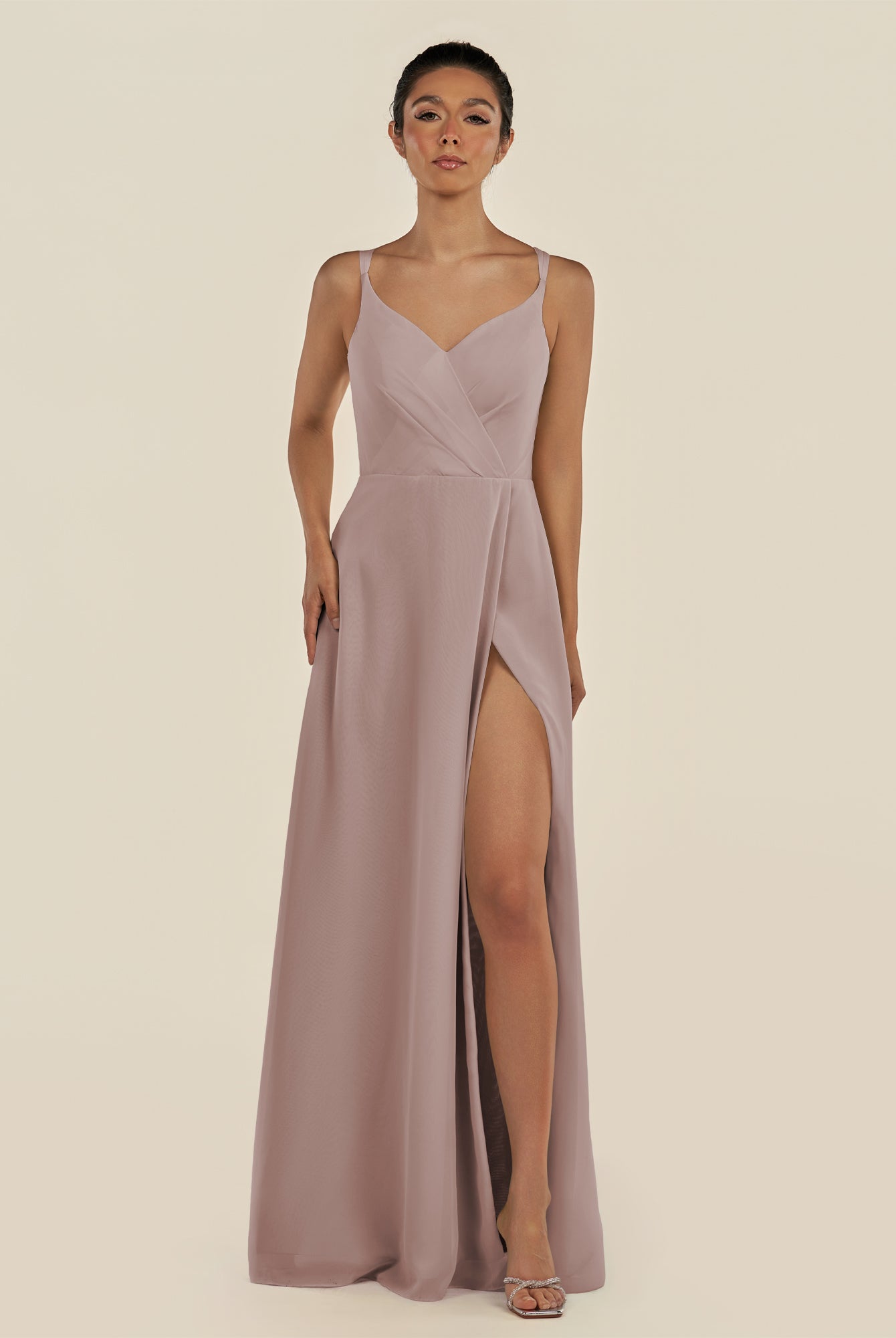 KissDress-Zyria Toffee A Line Chiffon V Neck Ruched Long Bridesmaid Dress with Slit