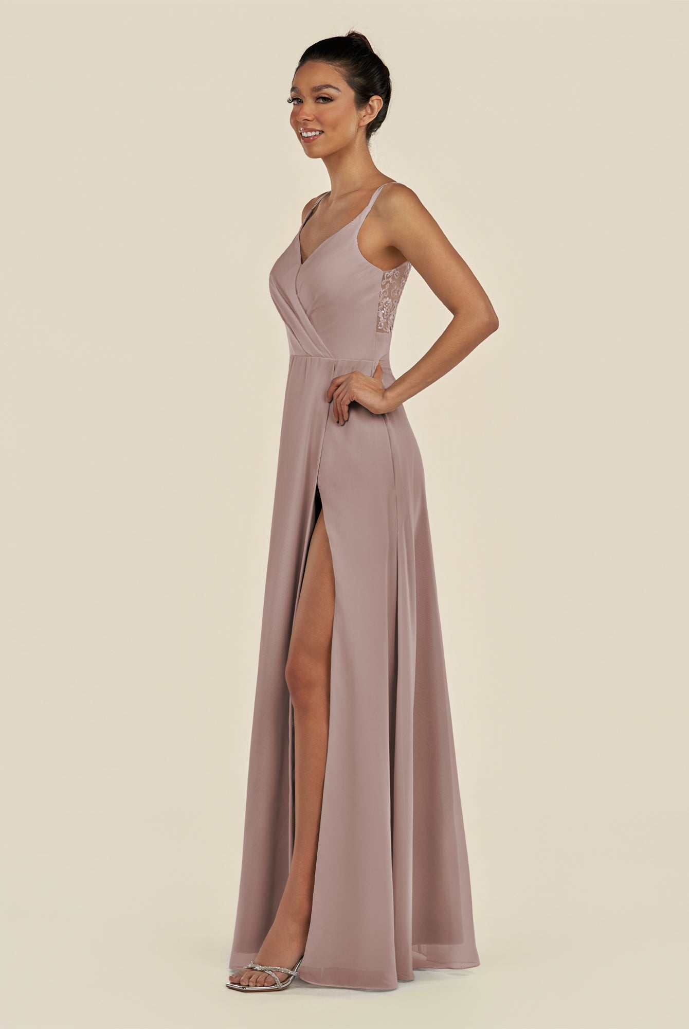 KissDress-Zyria Toffee A Line Chiffon V Neck Ruched Long Bridesmaid Dress with Slit