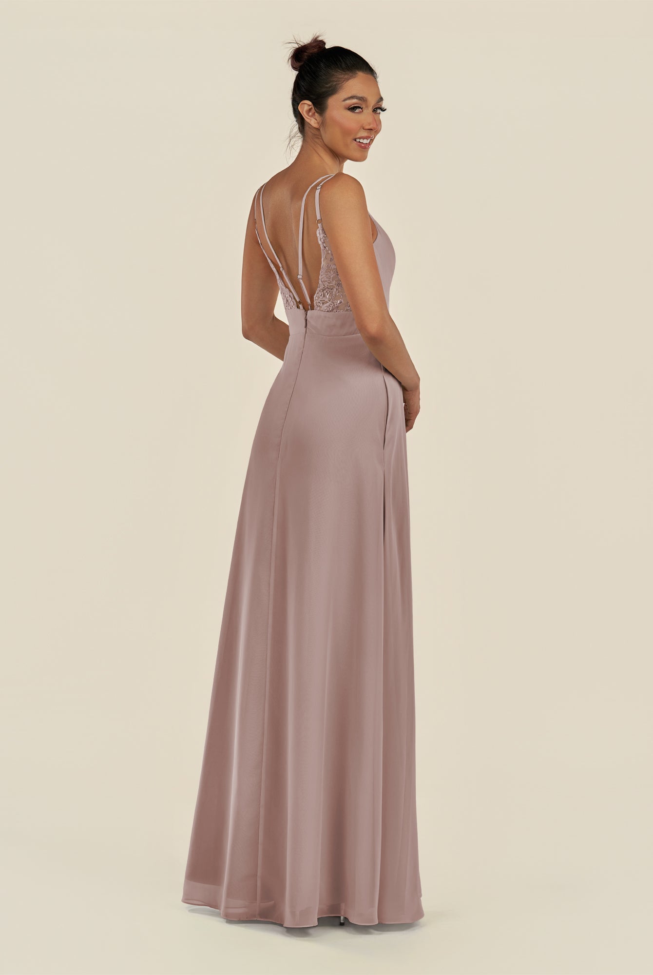 KissDress-Zyria Toffee A Line Chiffon V Neck Ruched Long Bridesmaid Dress with Slit