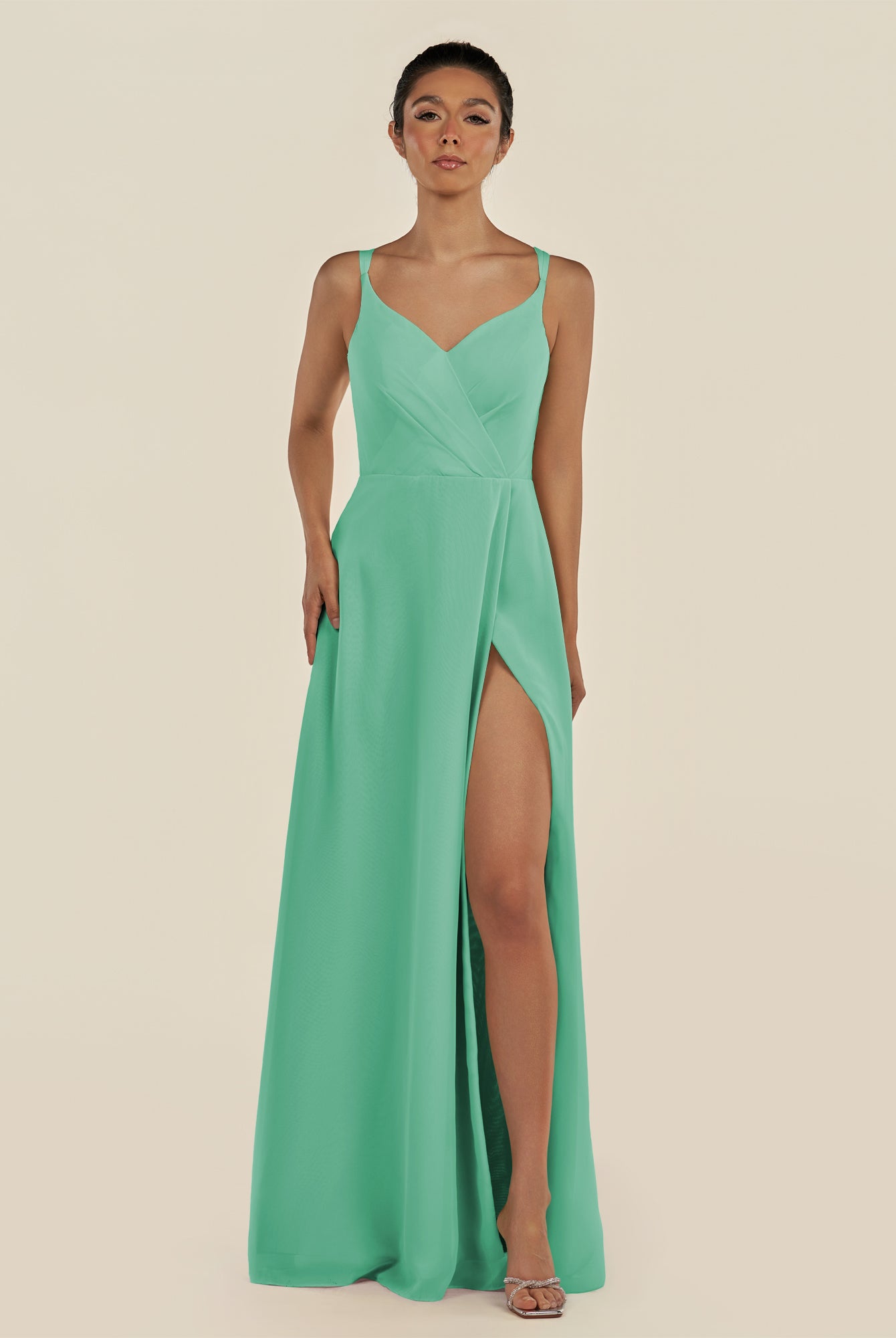 KissDress-Zyria Turquoise A Line Chiffon V Neck Ruched Long Bridesmaid Dress with Slit