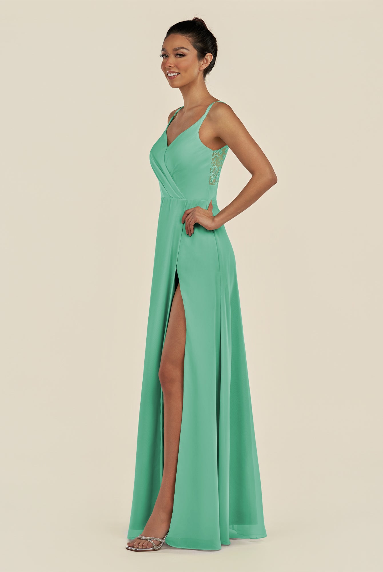 KissDress-Zyria Turquoise A Line Chiffon V Neck Ruched Long Bridesmaid Dress with Slit