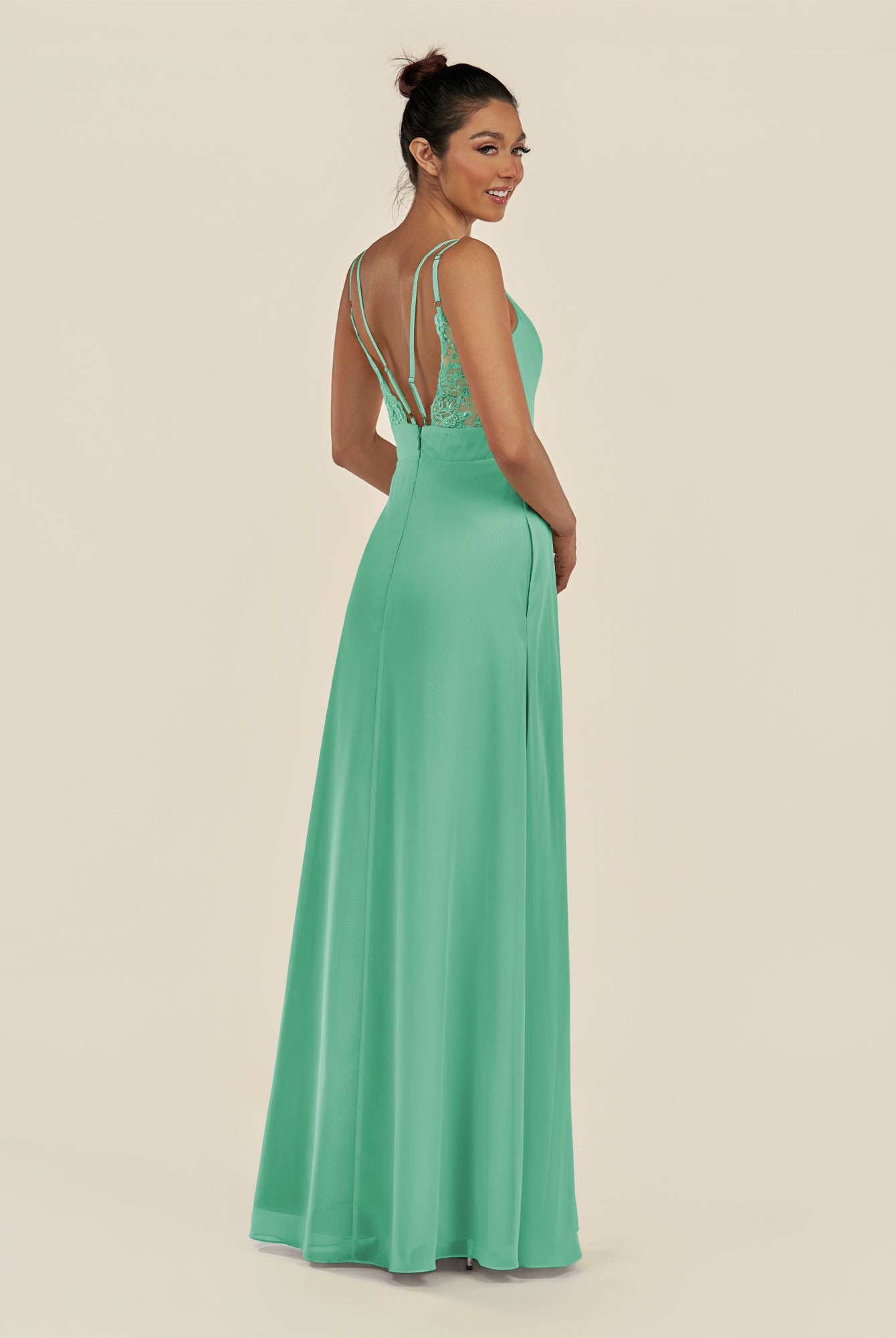 KissDress-Zyria Turquoise A Line Chiffon V Neck Ruched Long Bridesmaid Dress with Slit