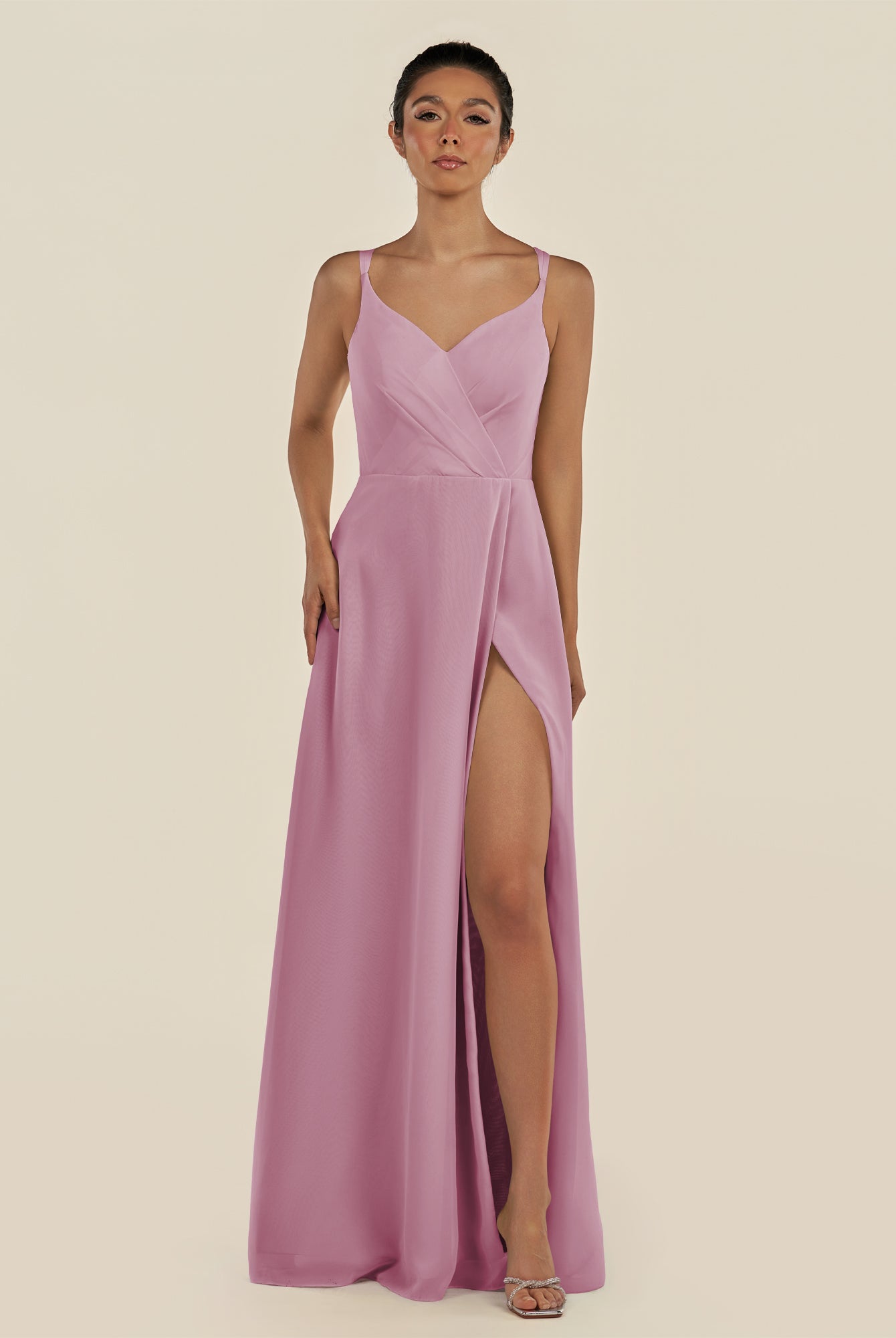 KissDress-Zyria Vintage Mauve A Line Chiffon V Neck Ruched Long Bridesmaid Dress with Slit