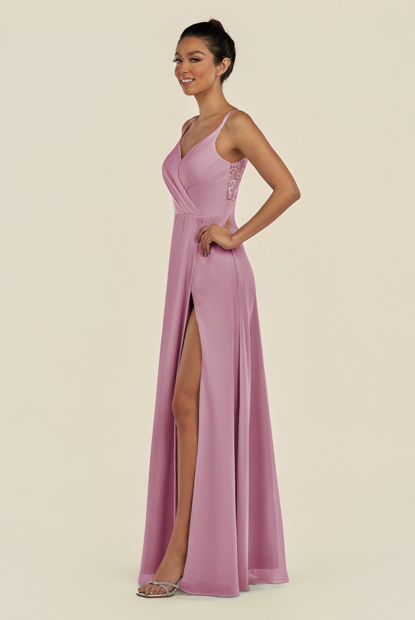 KissDress-Zyria Vintage Mauve A Line Chiffon V Neck Ruched Long Bridesmaid Dress with Slit