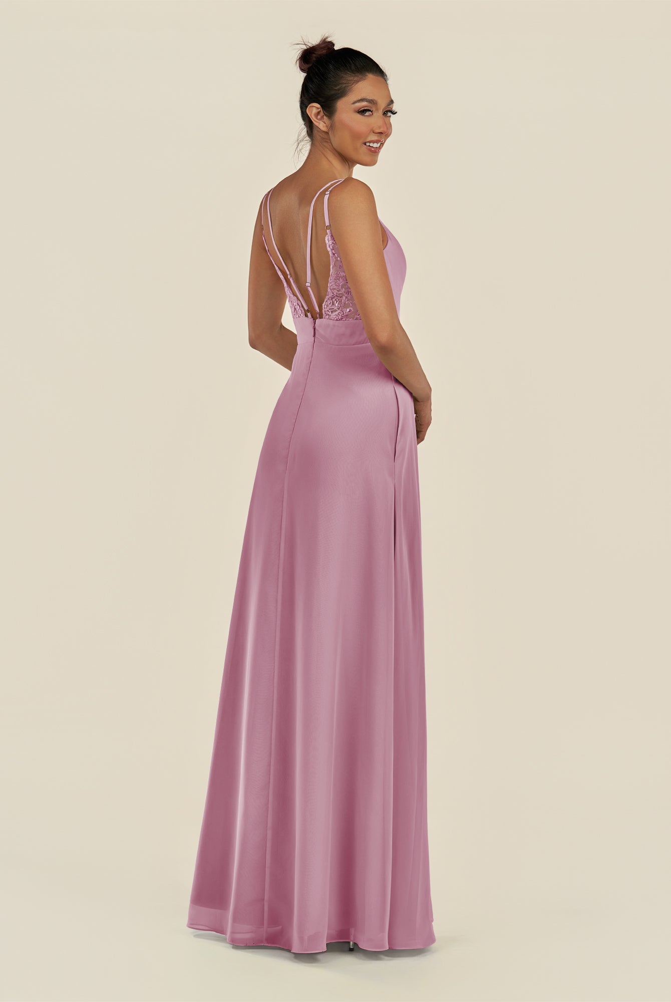 KissDress-Zyria Vintage Mauve A Line Chiffon V Neck Ruched Long Bridesmaid Dress with Slit