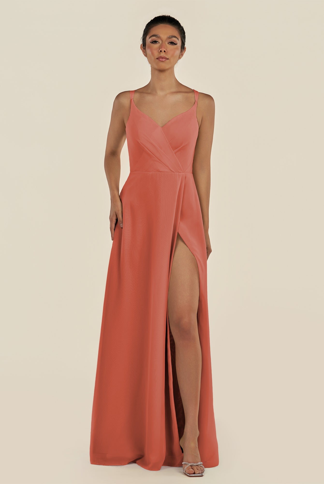 KissDress-Zyria Wild Rose A Line Chiffon V Neck Ruched Long Bridesmaid Dress with Slit