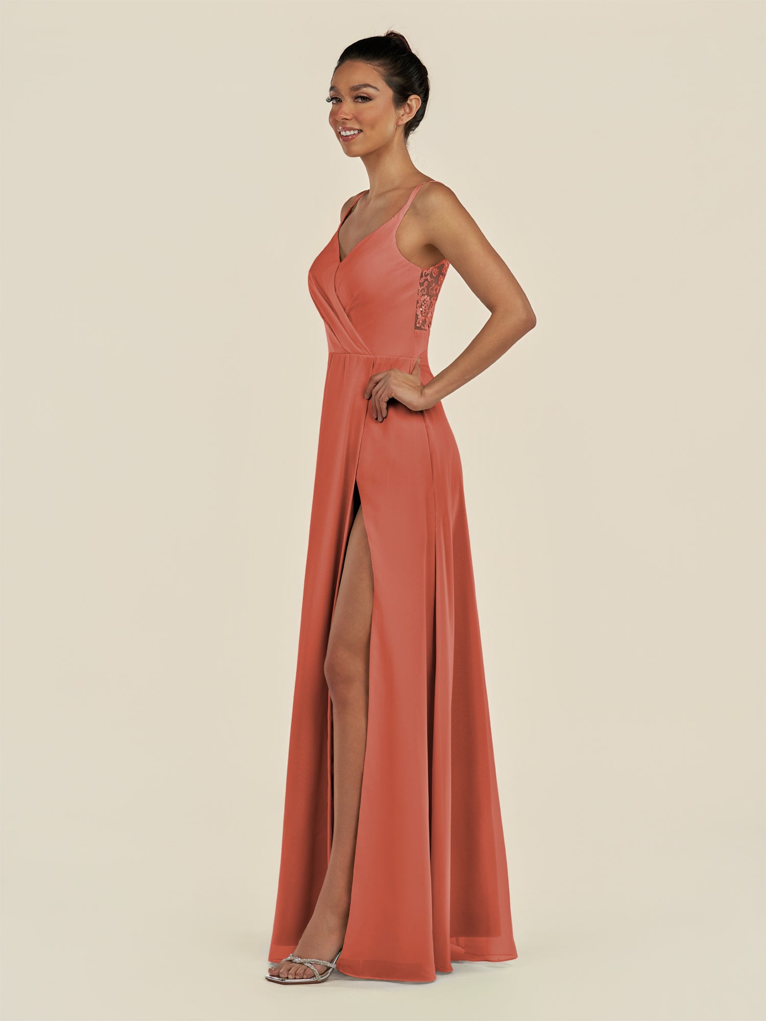KissDress-Zyria Wild Rose A Line Chiffon V Neck Ruched Long Bridesmaid Dress with Slit