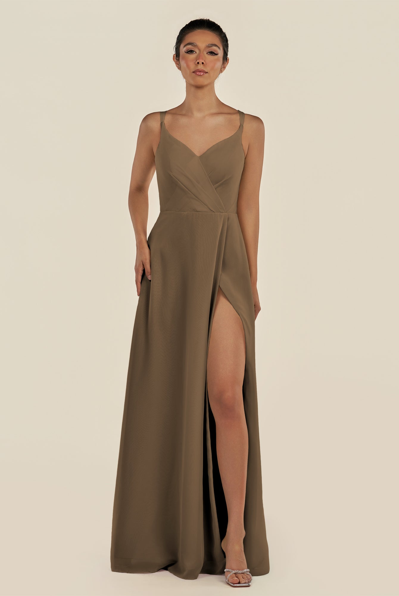 KissDress-Zyria Willow Green A Line Chiffon V Neck Ruched Long Bridesmaid Dress with Slit
