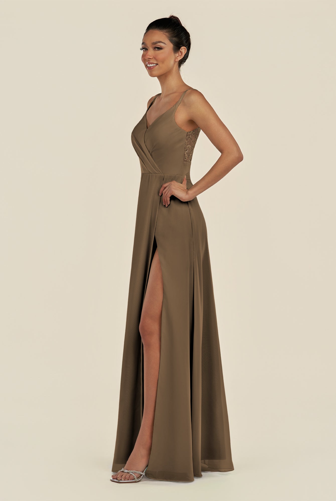 KissDress-Zyria Willow Green A Line Chiffon V Neck Ruched Long Bridesmaid Dress with Slit