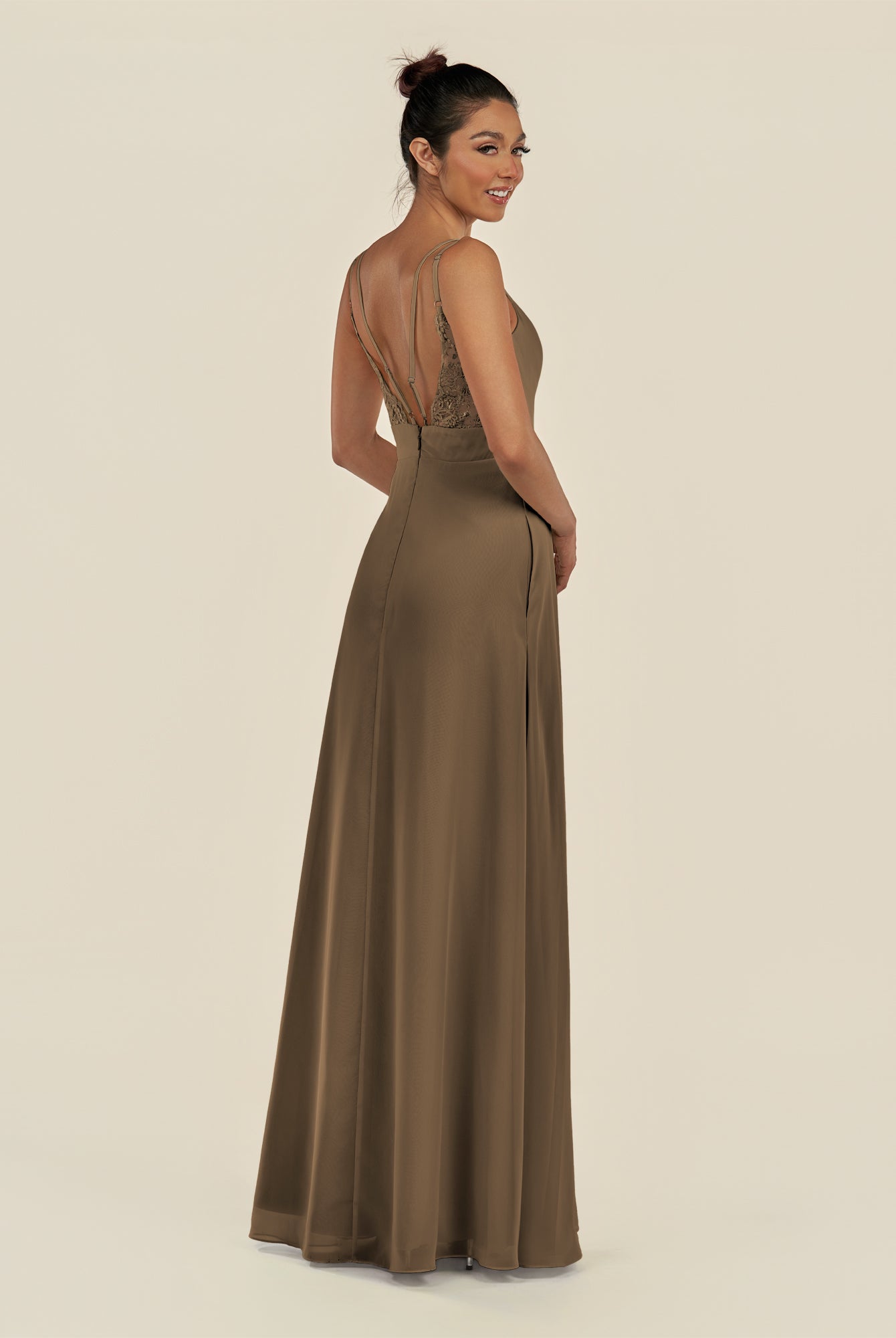 KissDress-Zyria Willow Green A Line Chiffon V Neck Ruched Long Bridesmaid Dress with Slit