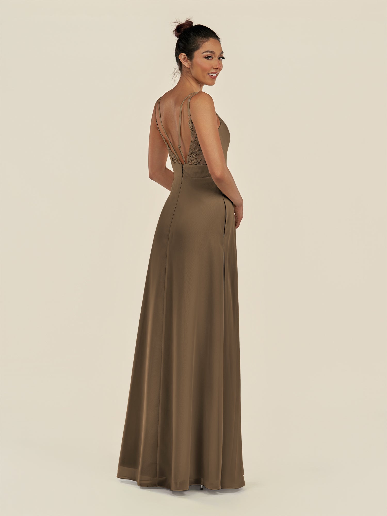 KissDress-Zyria Willow Green A Line Chiffon V Neck Ruched Long Bridesmaid Dress with Slit