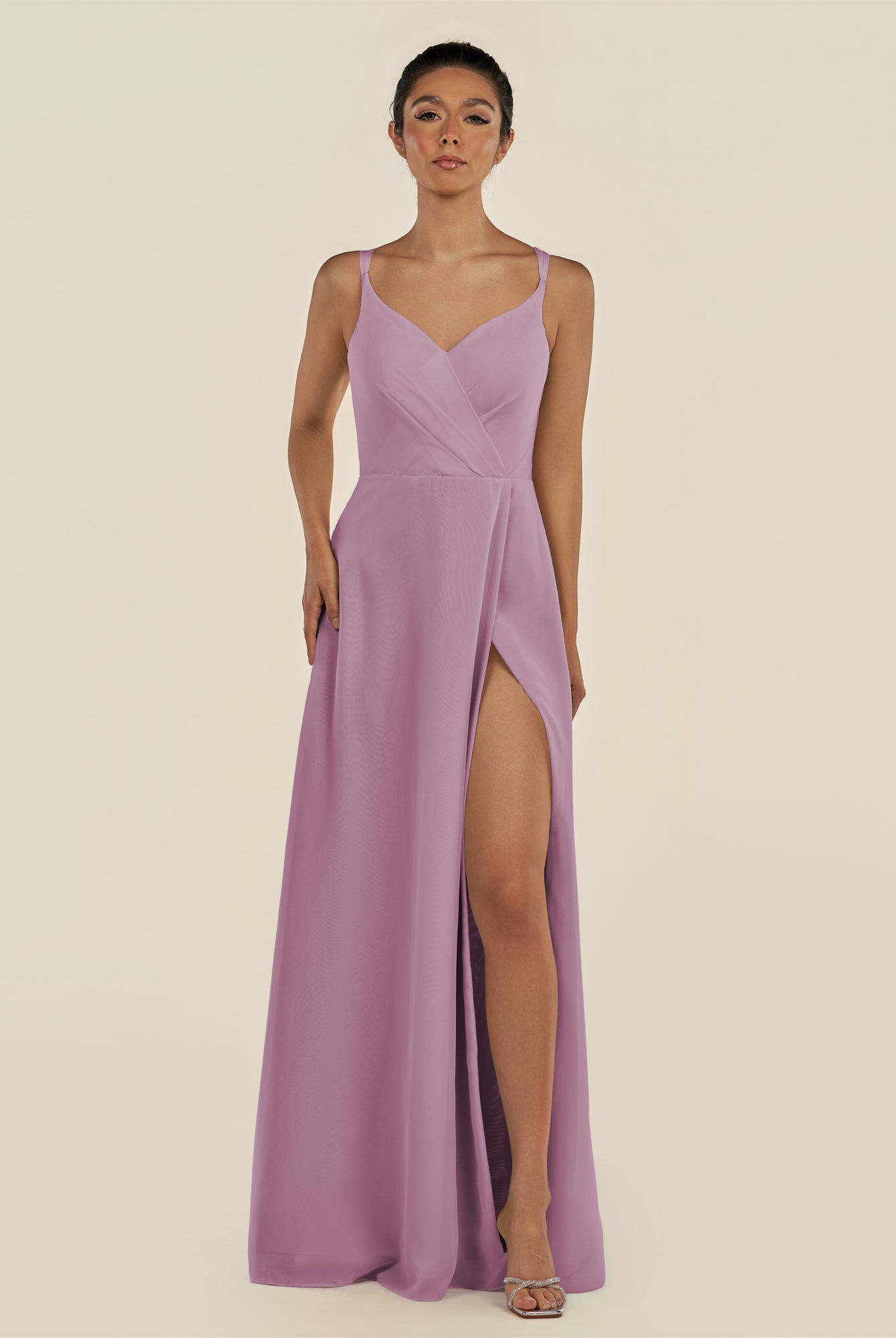 KissDress-Zyria Wisteria A Line Chiffon V Neck Ruched Long Bridesmaid Dress with Slit