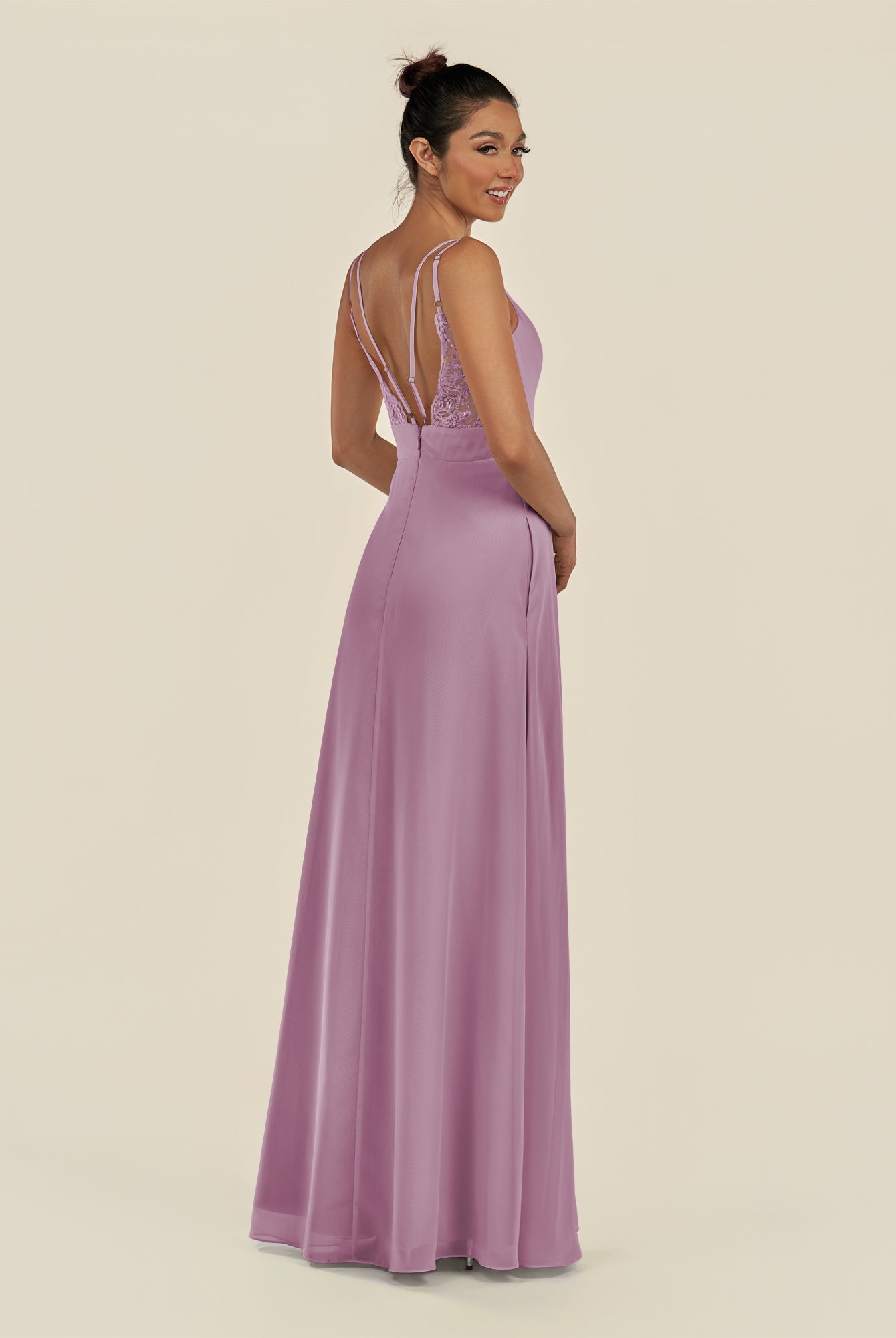 KissDress-Zyria Wisteria A Line Chiffon V Neck Ruched Long Bridesmaid Dress with Slit