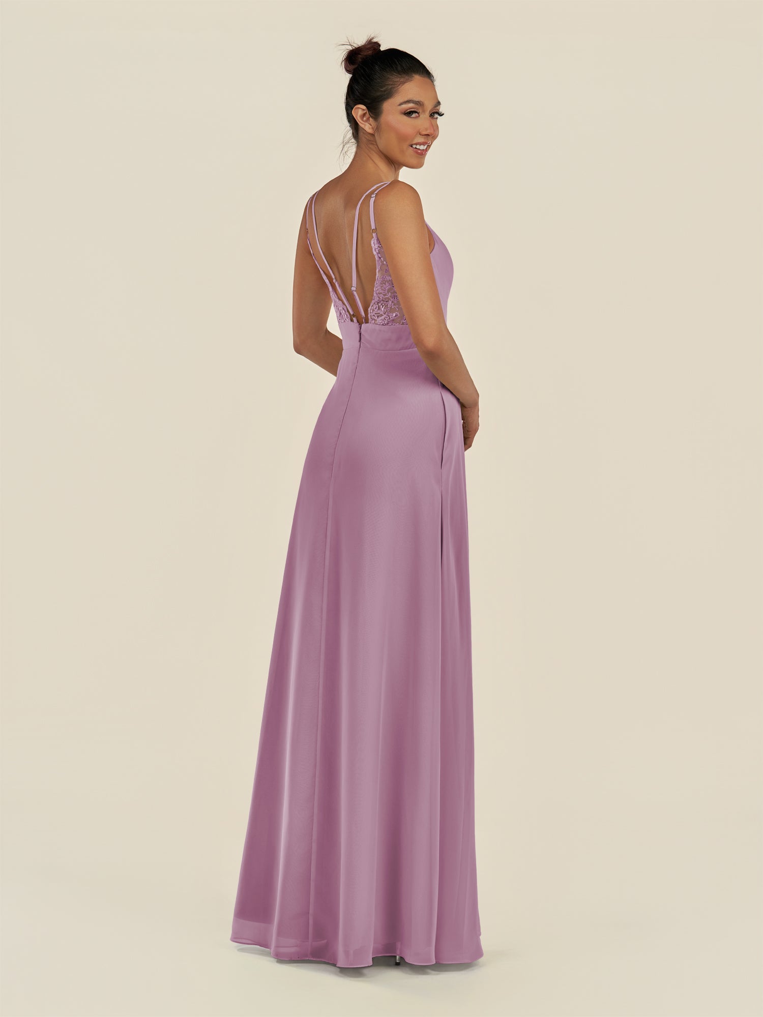 KissDress-Zyria Wisteria A Line Chiffon V Neck Ruched Long Bridesmaid Dress with Slit